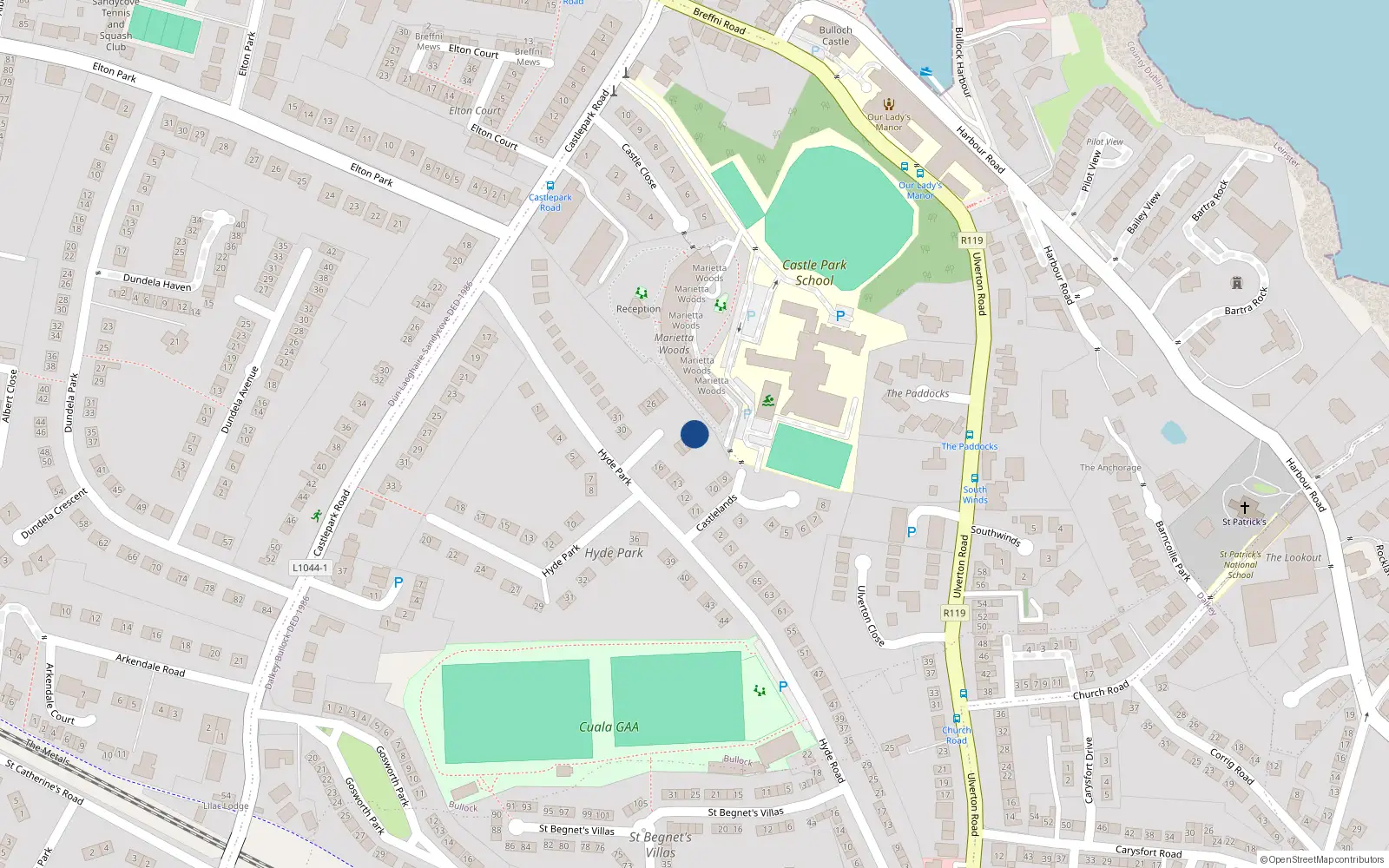 Overhead map showing the location of 21 Castlelands Grove, Dalkey