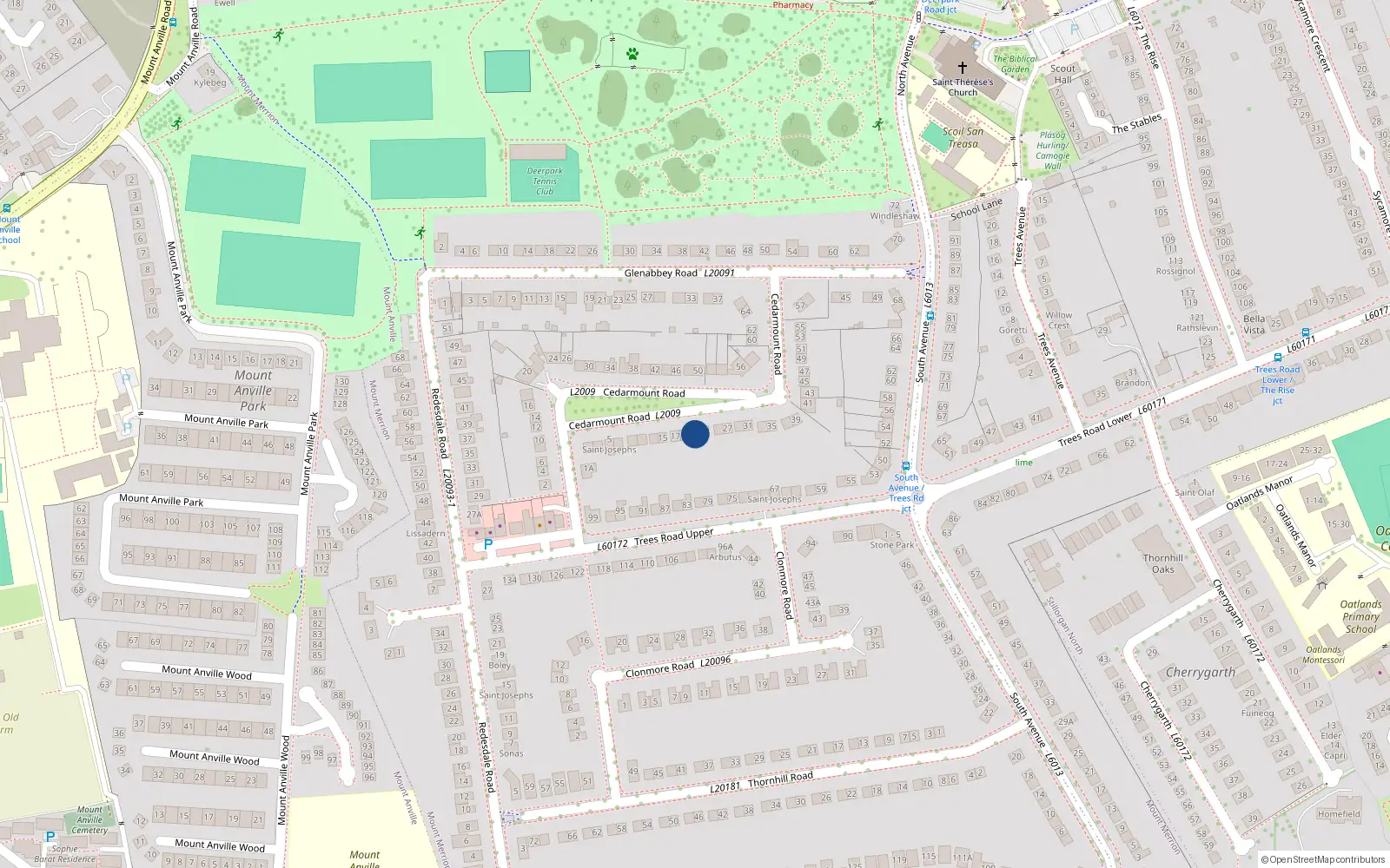 Overhead map showing the location of 21 Cedarmount Road, Mount Merrion, Dublin