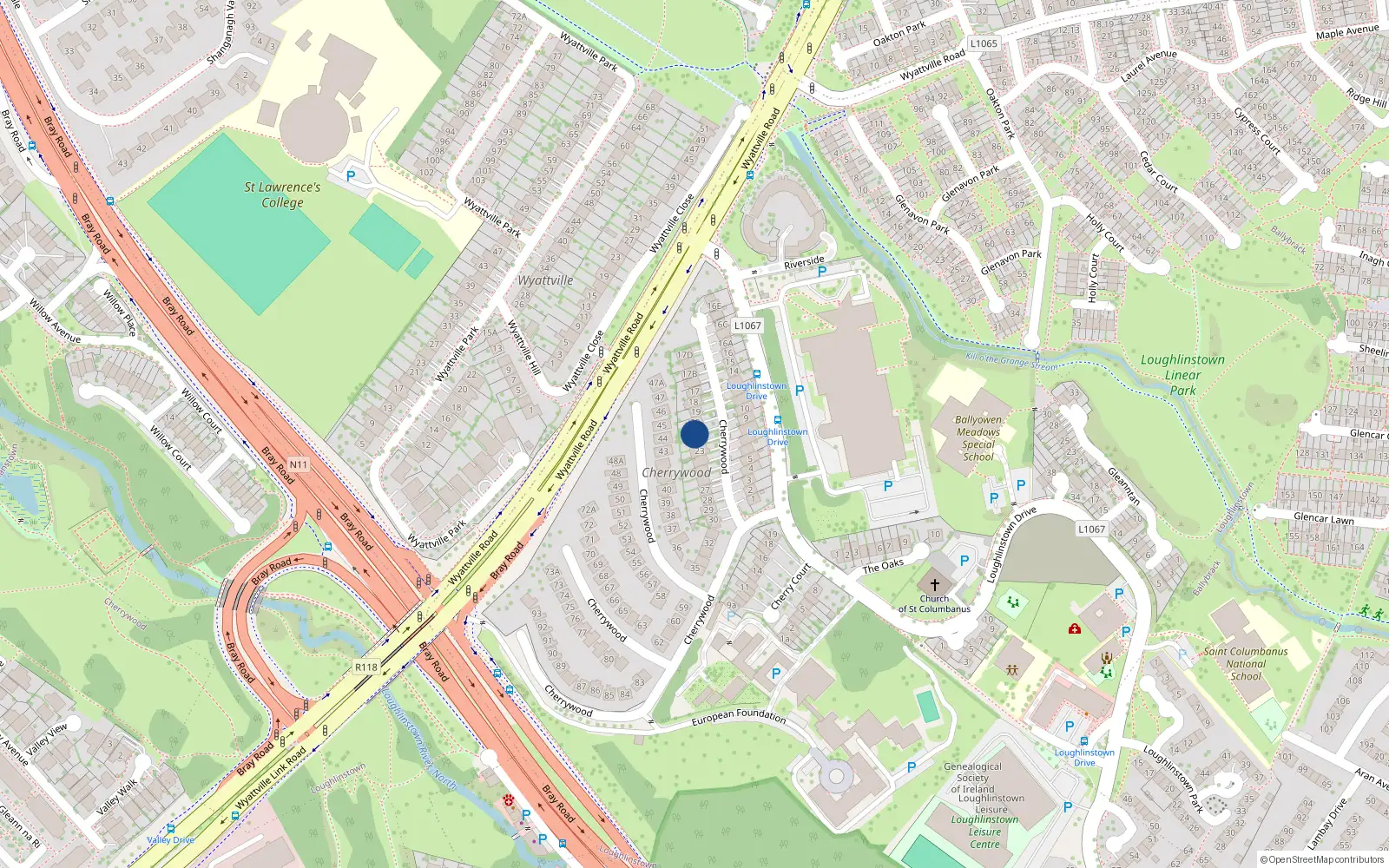 Overhead map showing the location of 21 Cherrywood, Killiney, Dublin