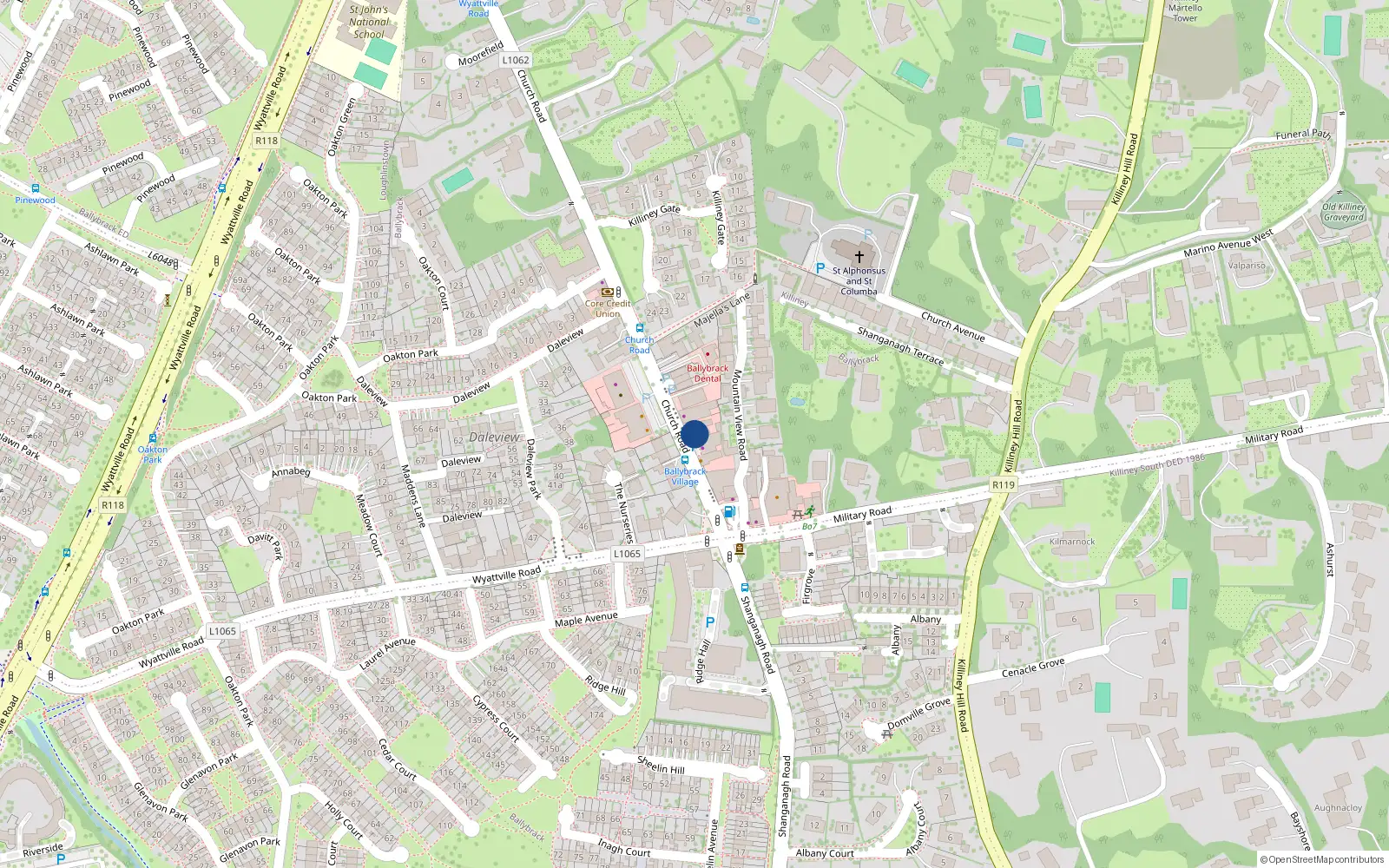 Overhead map showing the location of 21 Church Road, Ballybrack, Dublin