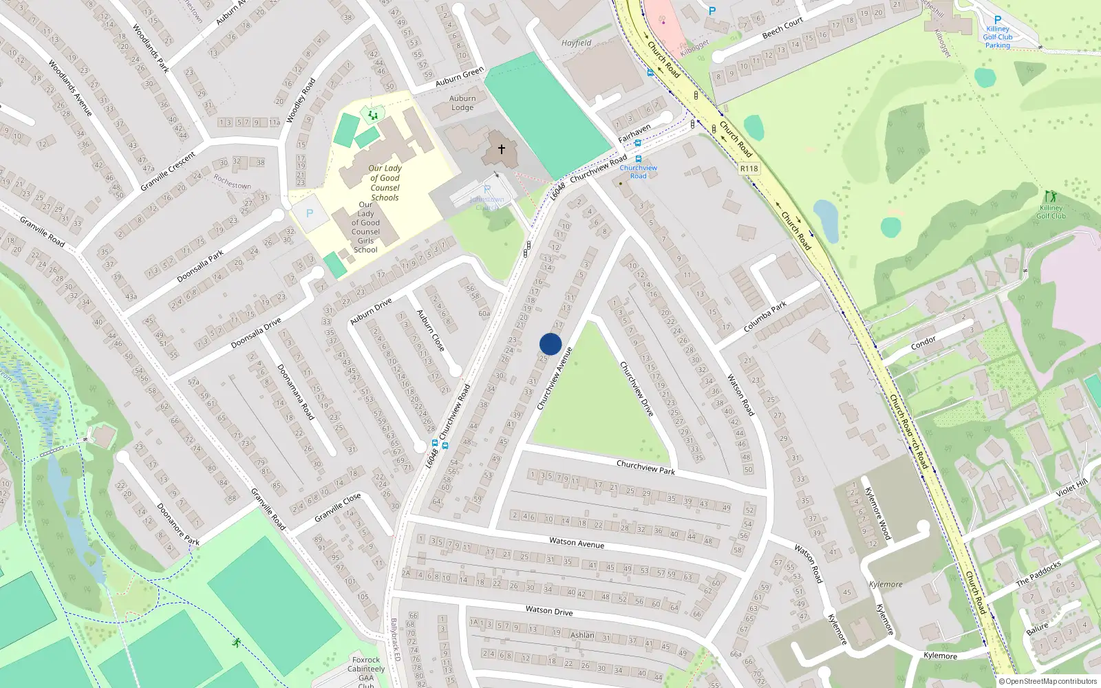 Overhead map showing the location of 21 Churchview Avenue, Killiney, Dublin
