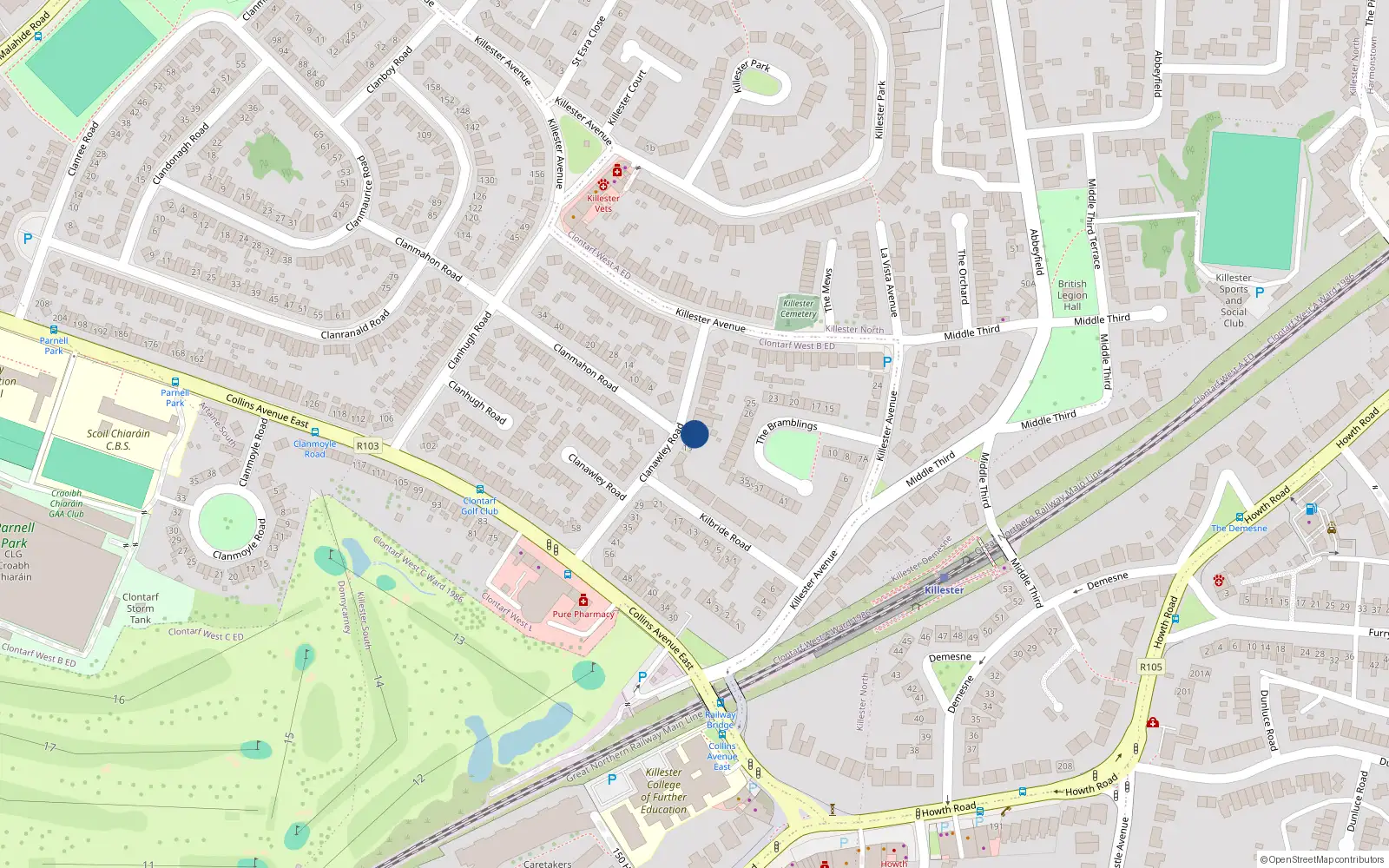 Overhead map showing the location of 21 Clanawley Road, Dublin 5