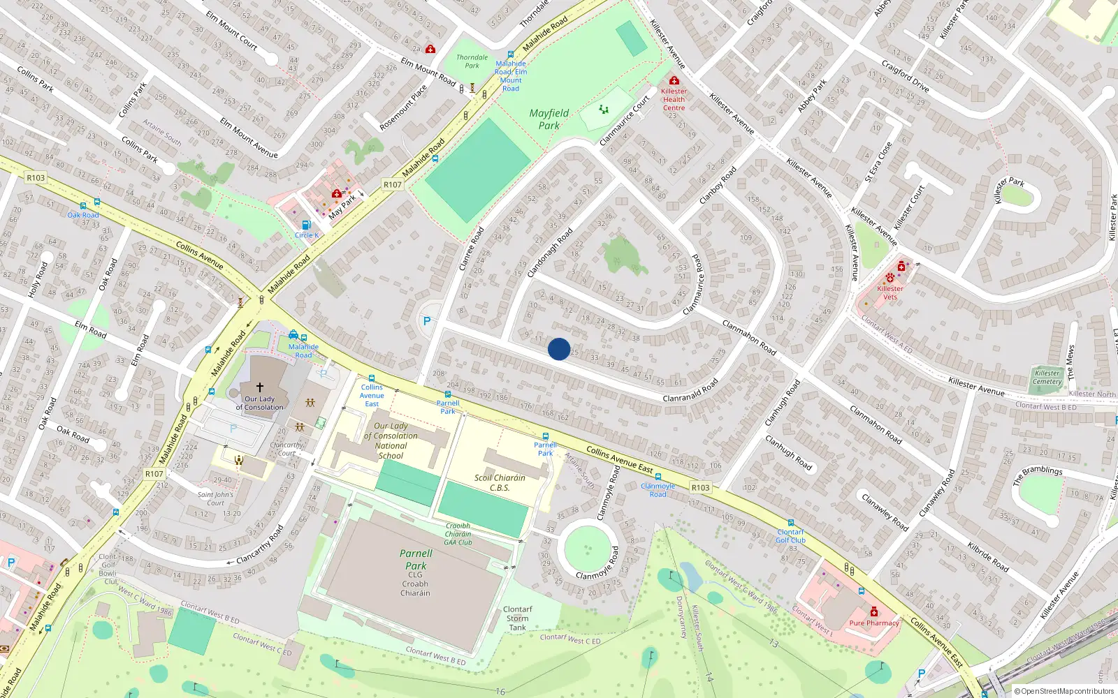 Overhead map showing the location of 21 Clanranald Road, Donnycarney, Dublin 5