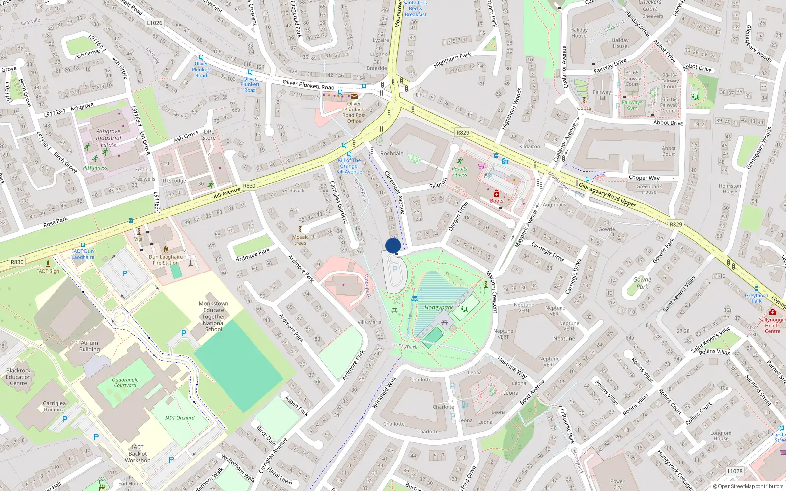 Overhead map showing the location of 21 Claremount Avenue, Honeypark, Dun Laoghaire