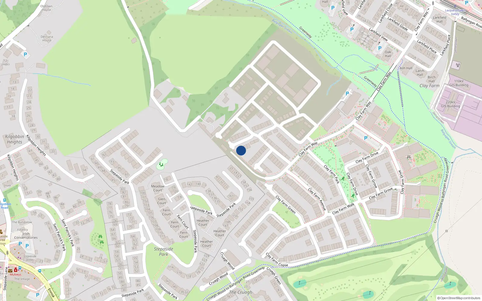 Overhead map showing the location of 21 Clay Farm Glade, Dublin 18