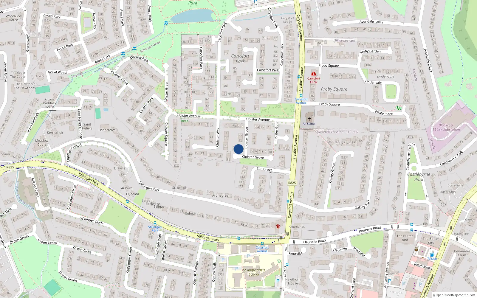Overhead map showing the location of 21 Cloister Grove, Carysfort Avenue, Blackrock