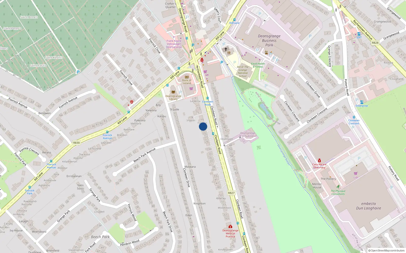 Overhead map showing the location of 21 Clonkeen Road, Blackrock, Dublin