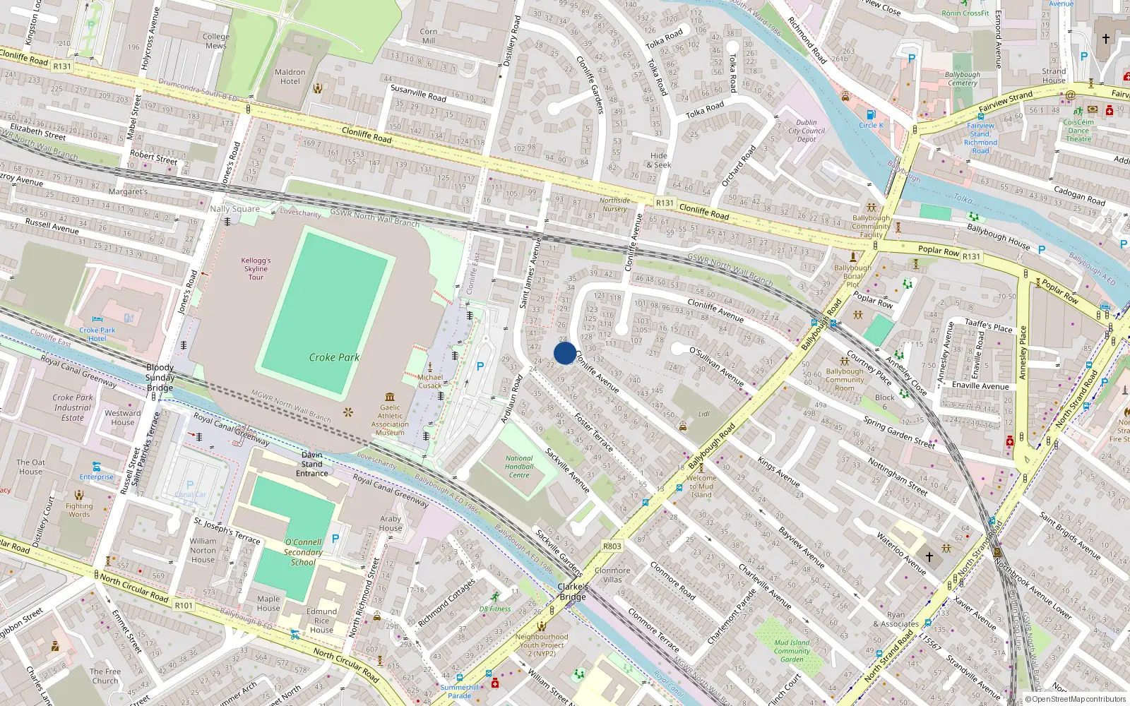 Overhead map showing the location of 21 Clonliffe Avenue, Dublin