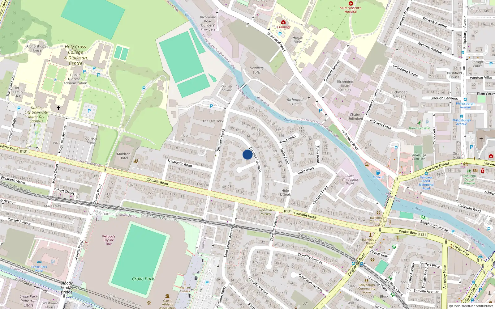 Overhead map showing the location of 21 Clonliffe Gardens, Clonliffe Road, Drumcondra Dublin 3