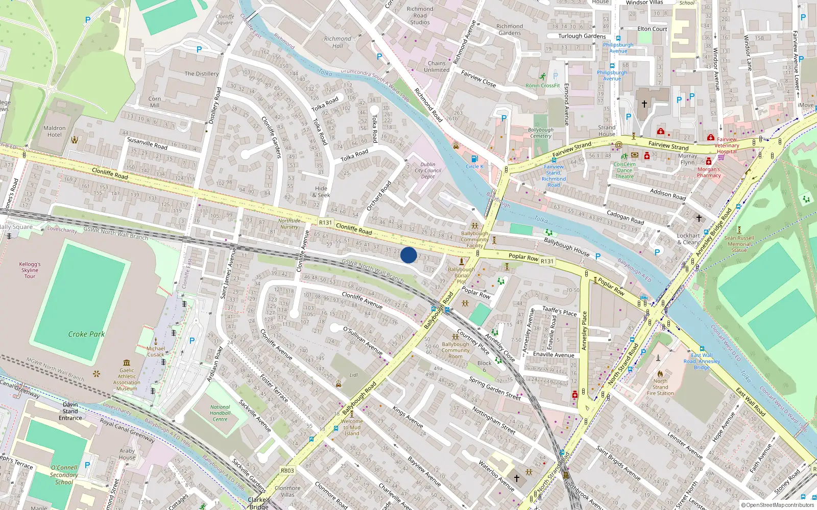 Overhead map showing the location of 21 Clonliffe Road, Dublin 3