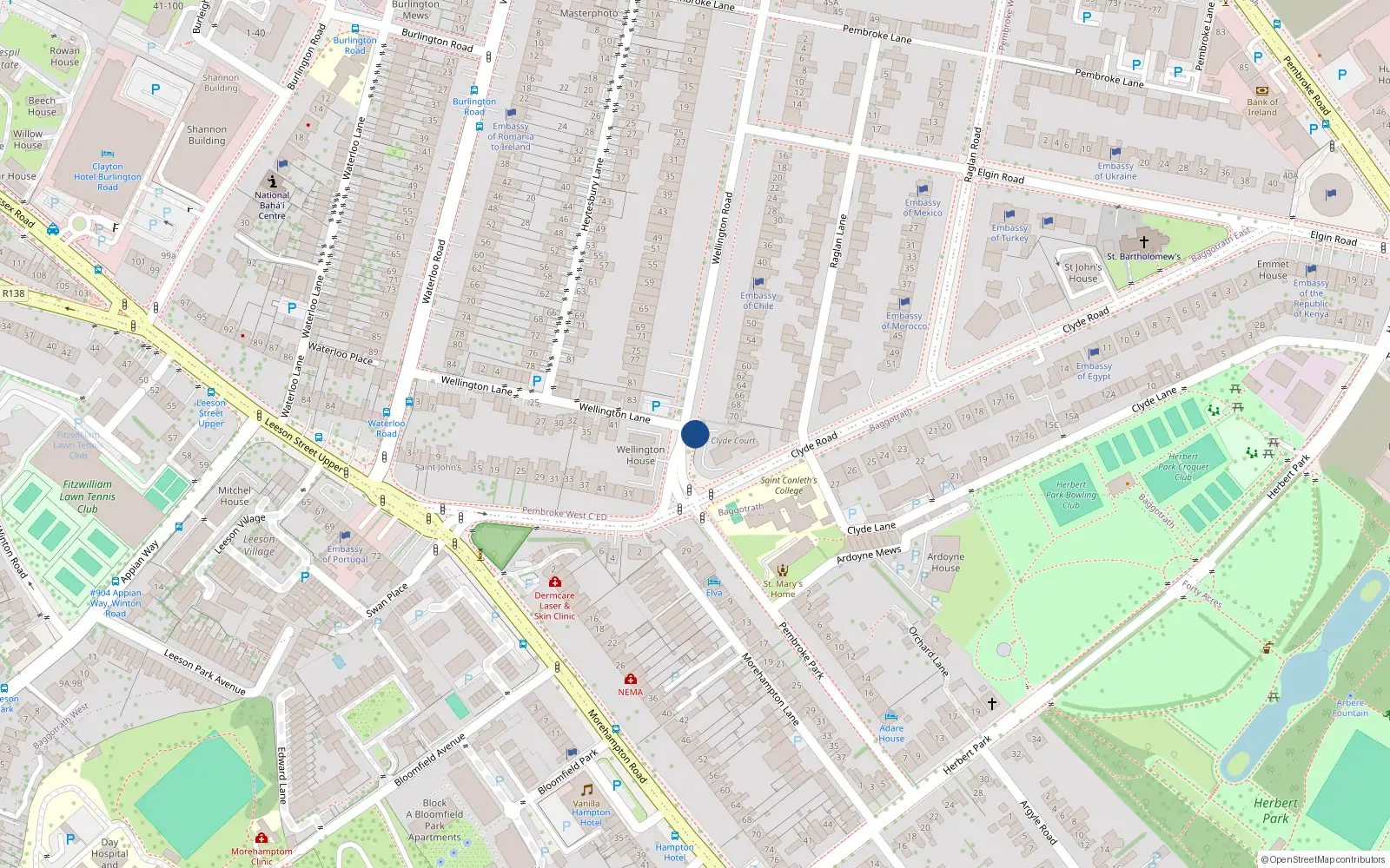 Overhead map showing the location of 21 Clyde Court, Ballsbridge Dublin 4