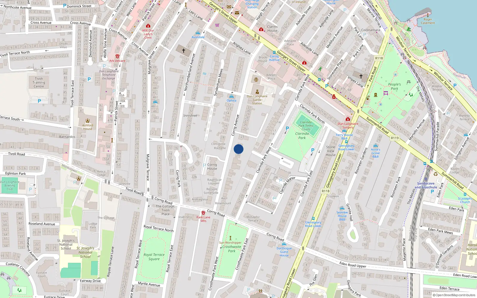 Overhead map showing the location of 21 Corrig Avenue, Dublin