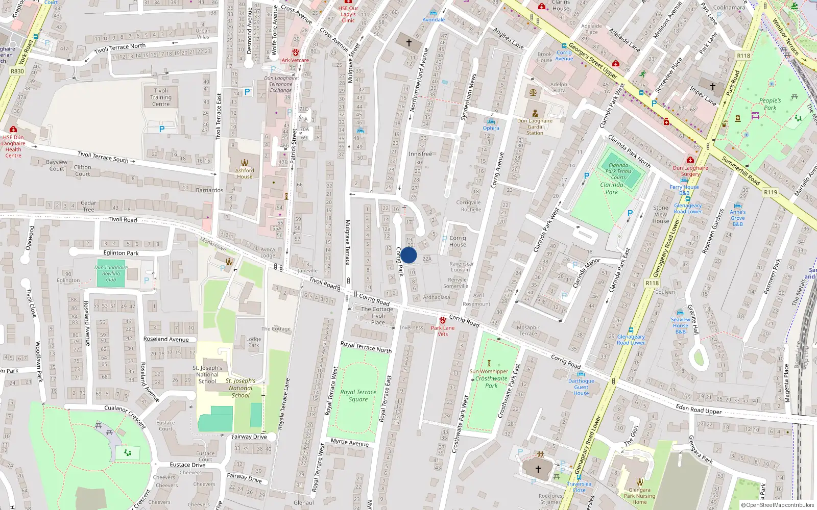 Overhead map showing the location of 21 Corrig Park, Dun Laoghaire, Dublin