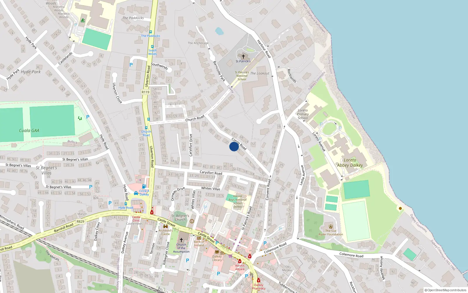 Overhead map showing the location of 21 Corrig Road, Dalkey