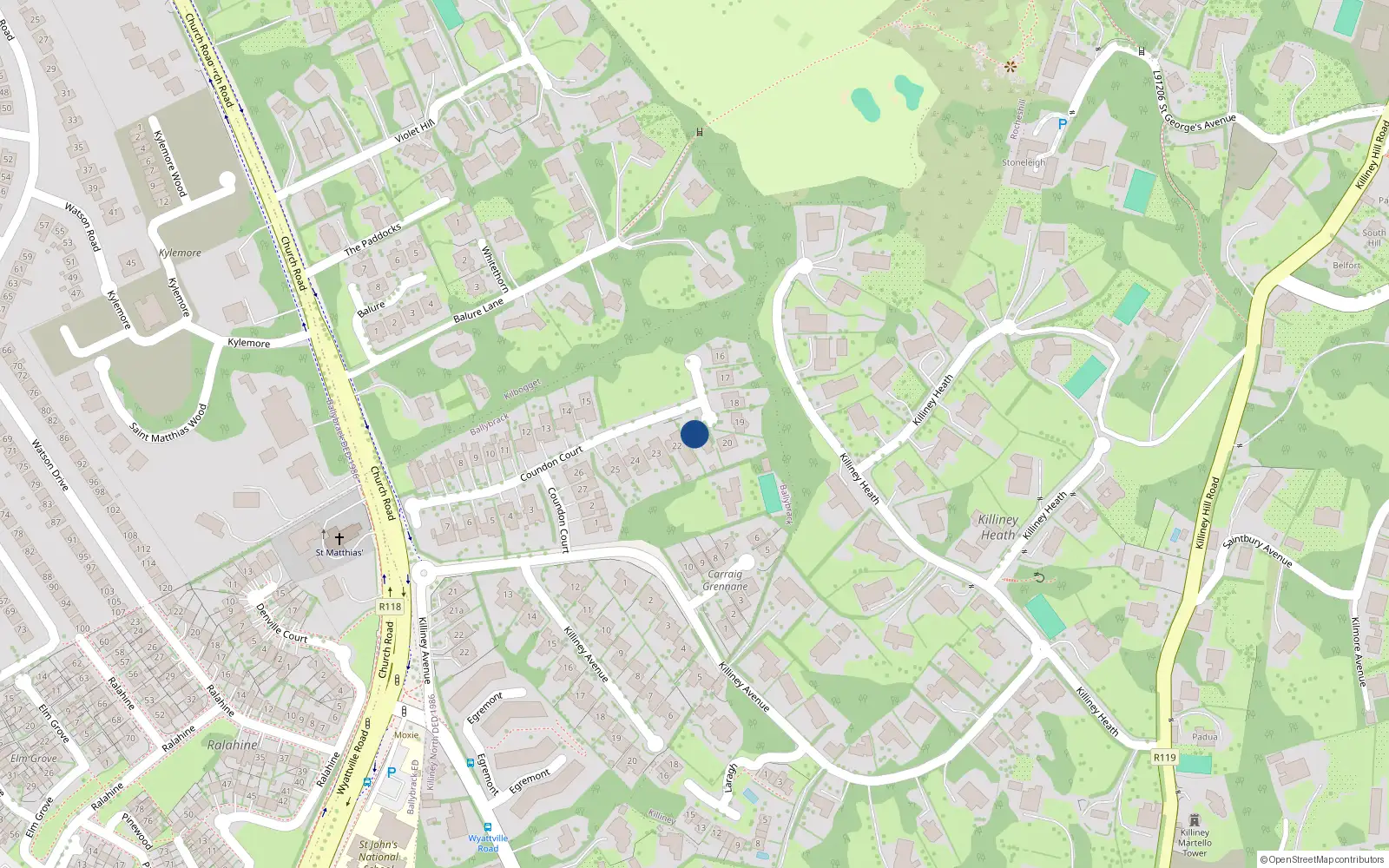Overhead map showing the location of 21 Coundon Court, Killiney, County Dublin
