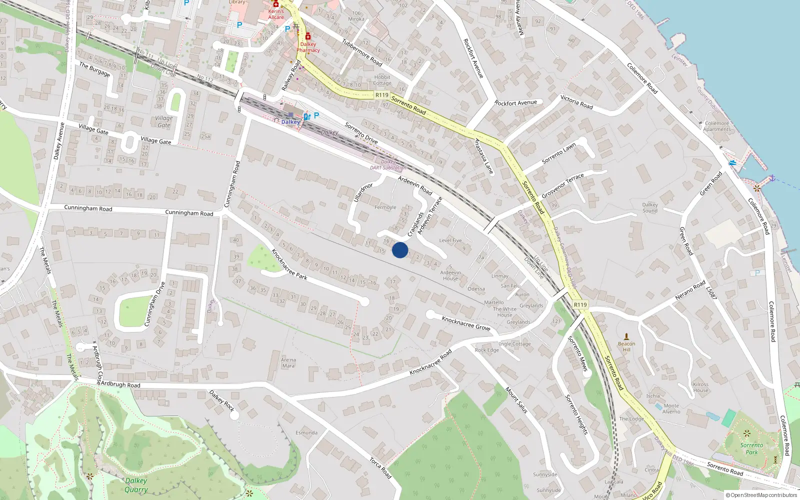 Overhead map showing the location of 21 Craiglands, Dalkey
