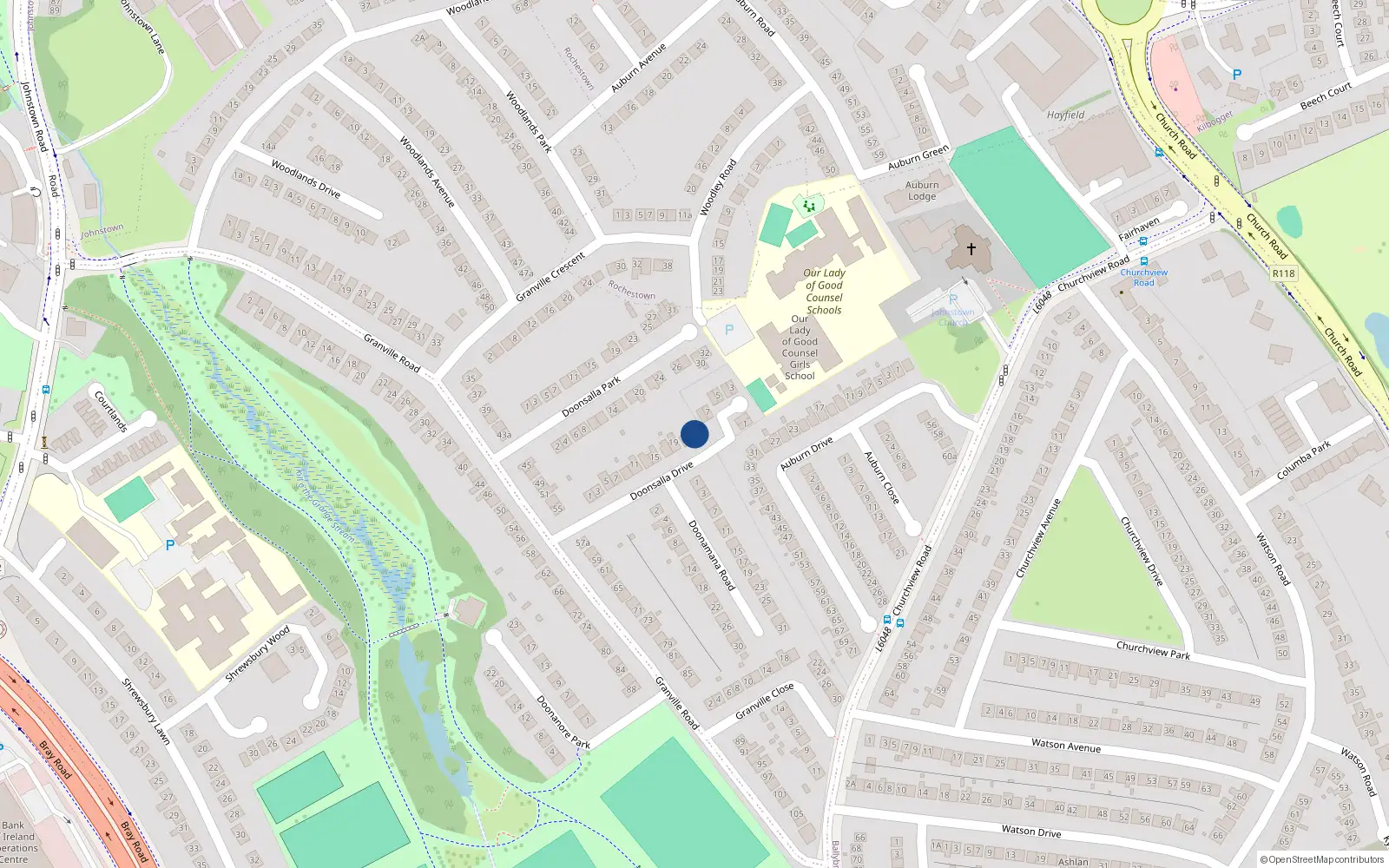 Overhead map showing the location of 21 Doonsalla Drive, Dublin