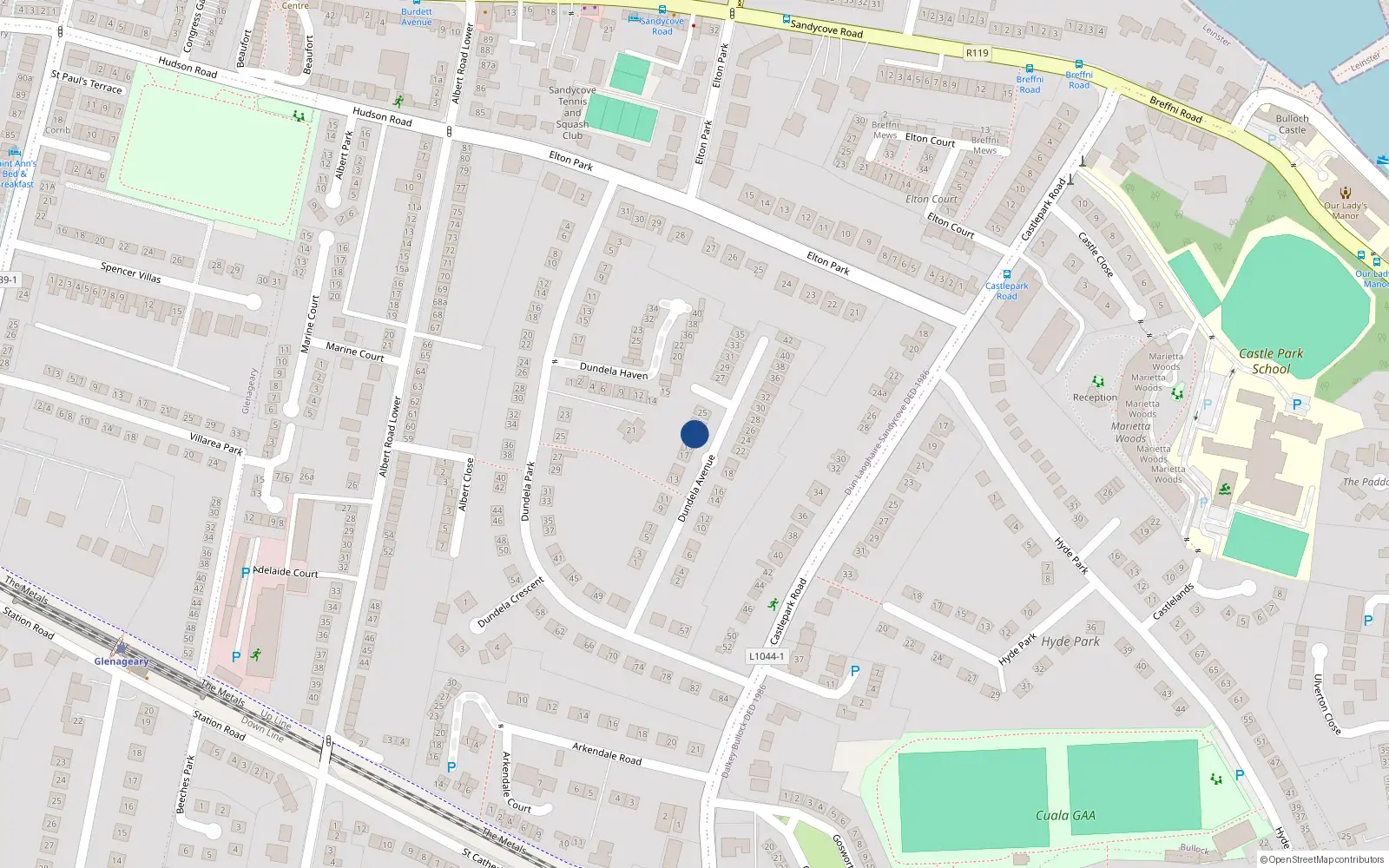 Overhead map showing the location of 21 Dundela Avenue, Sandycove, Dublin