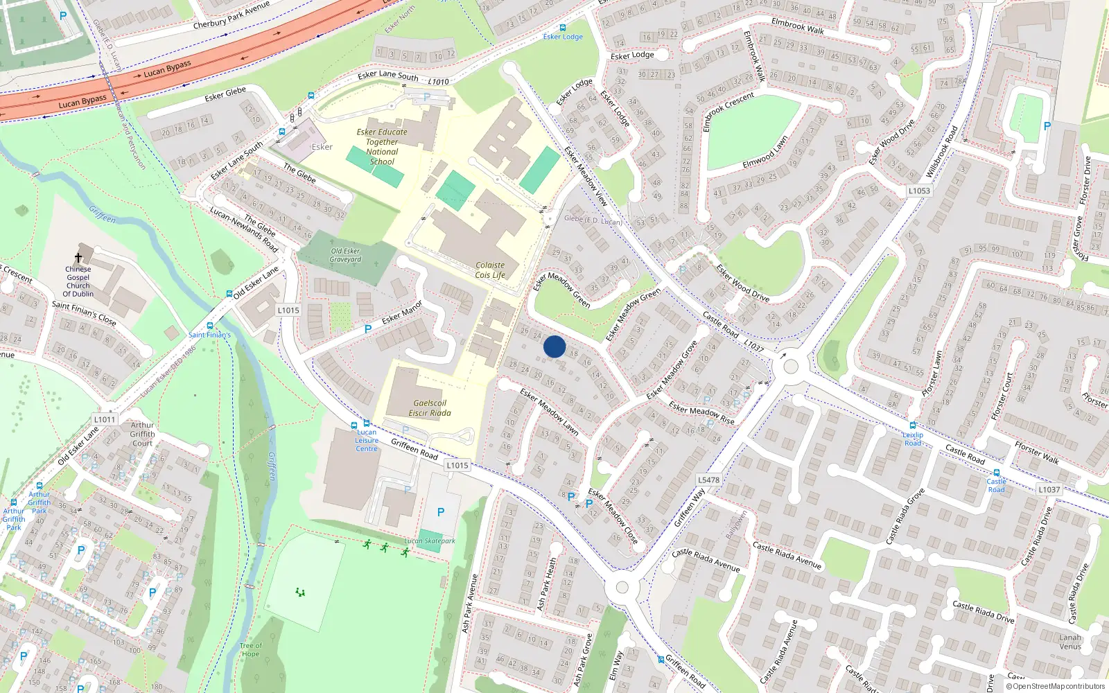 Overhead map showing the location of 21 Esker Meadow Green, Lucan