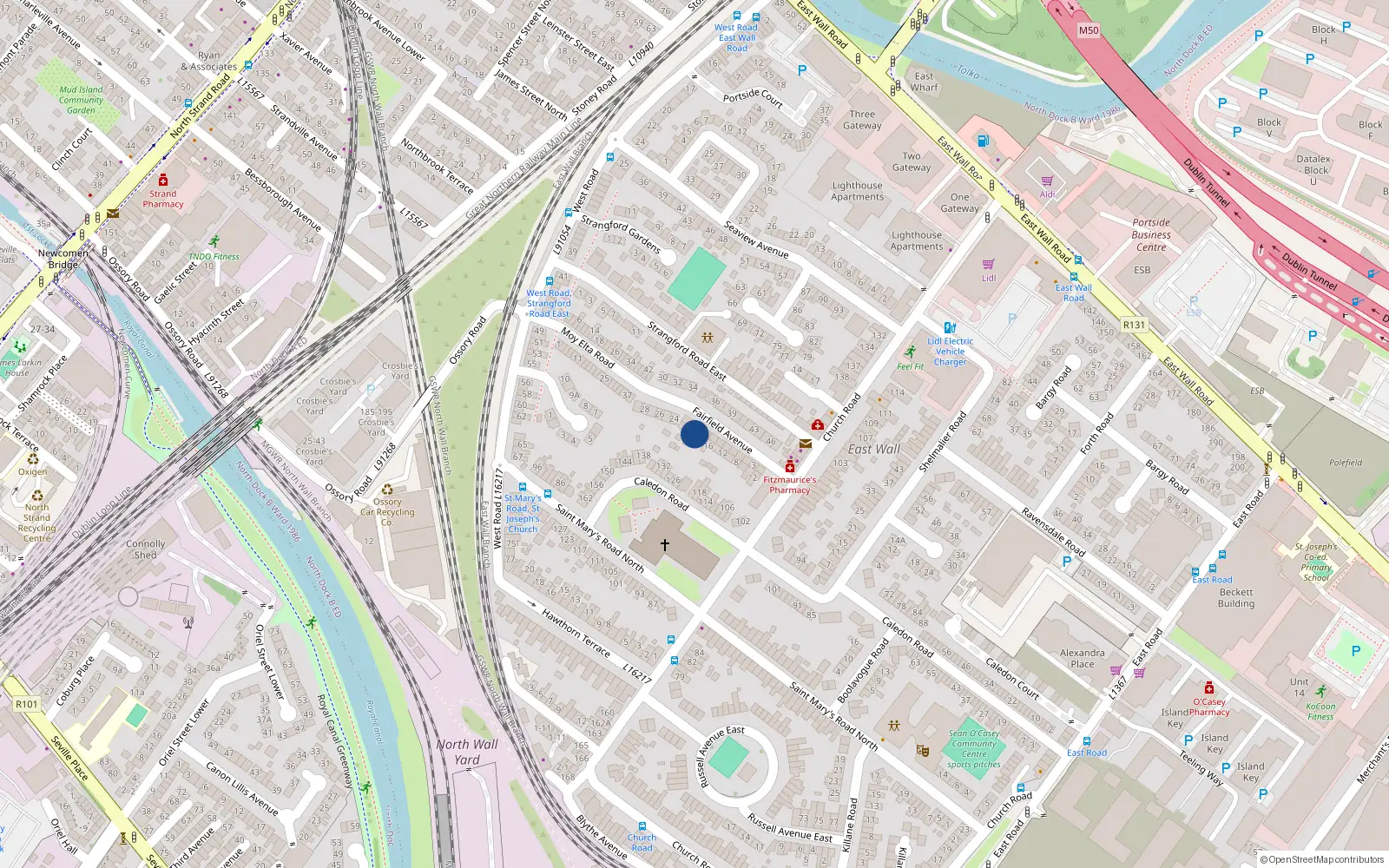 Overhead map showing the location of 21 Fairfield Avenue, East Wall, Dublin