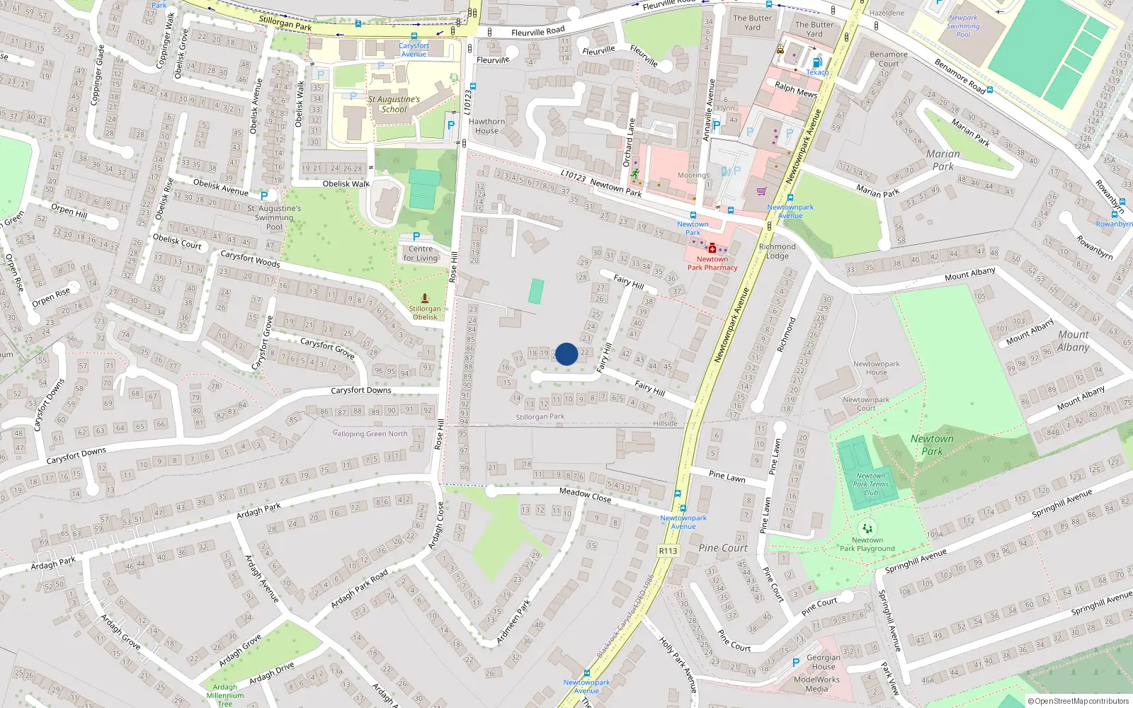 Overhead map showing the location of 21 Fairyhill, Newtownpark Avenue, Blackrock