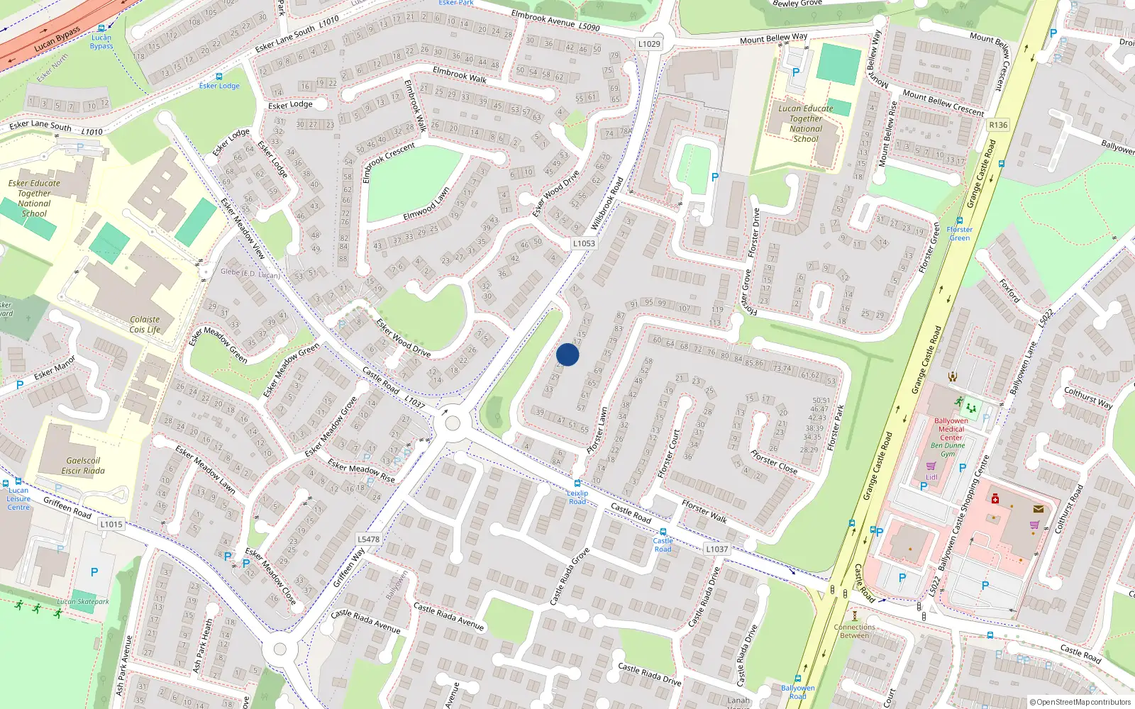 Overhead map showing the location of 21 Fforester Lawn, Lucan, Dublin