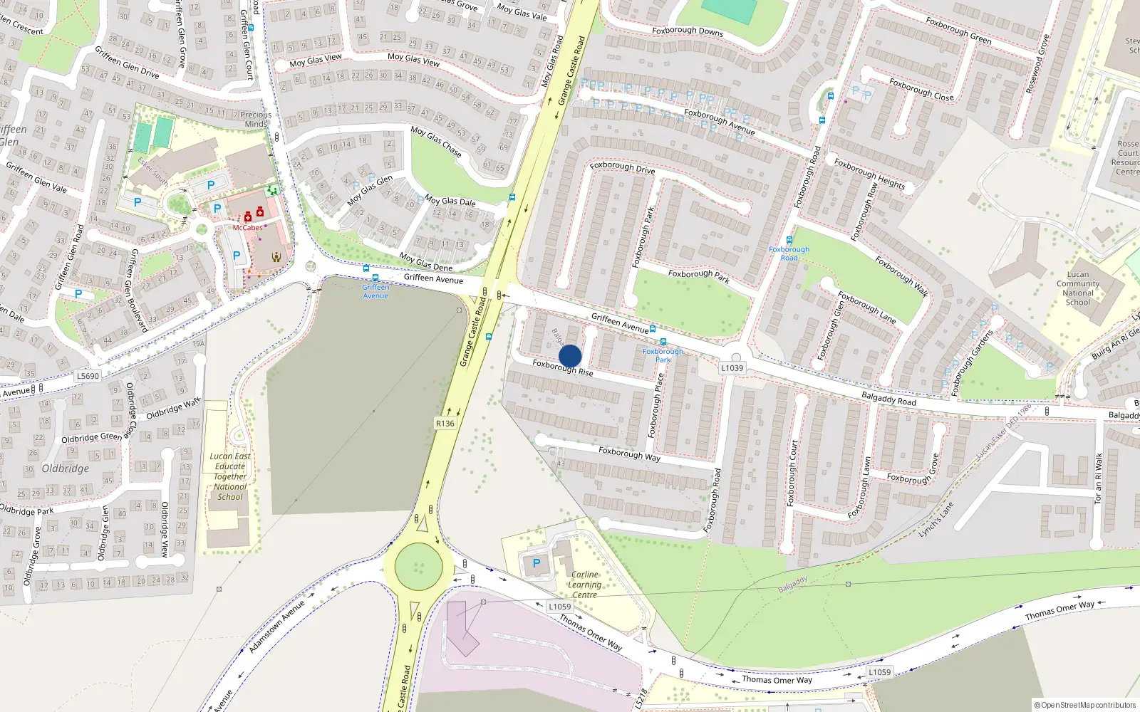 Overhead map showing the location of 21 Foxborough Rise, Lucan, Dublin
