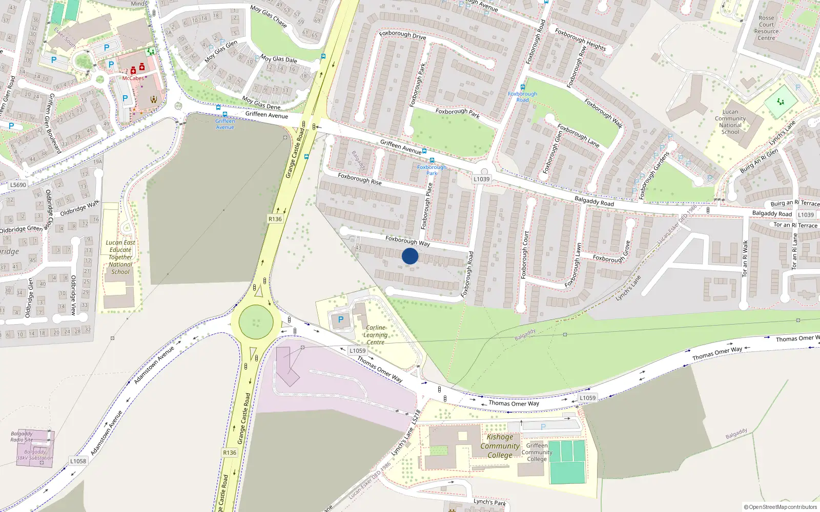 Overhead map showing the location of 21 Foxborough Way, Lucan, Dublin