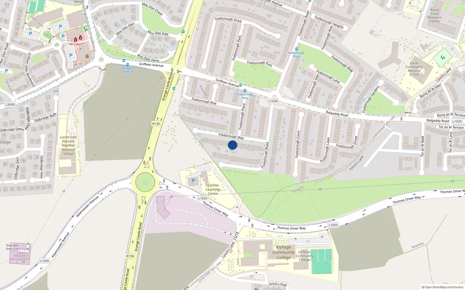 Overhead map showing the location of 21 Foxborough Way, Lucan