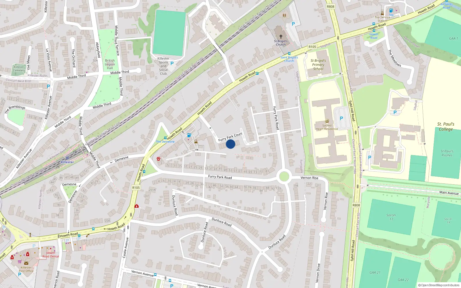Overhead map showing the location of 21 Furry Park Court, Dublin 5