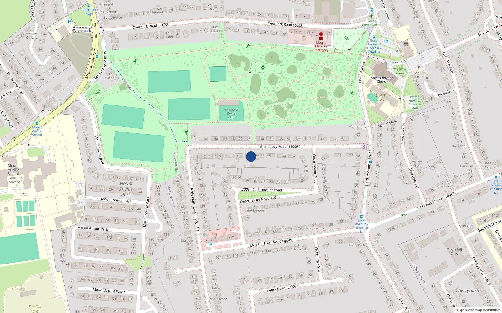 Overhead map showing the location of 21 Glenabbey Road, Mount Merrion, Dublin