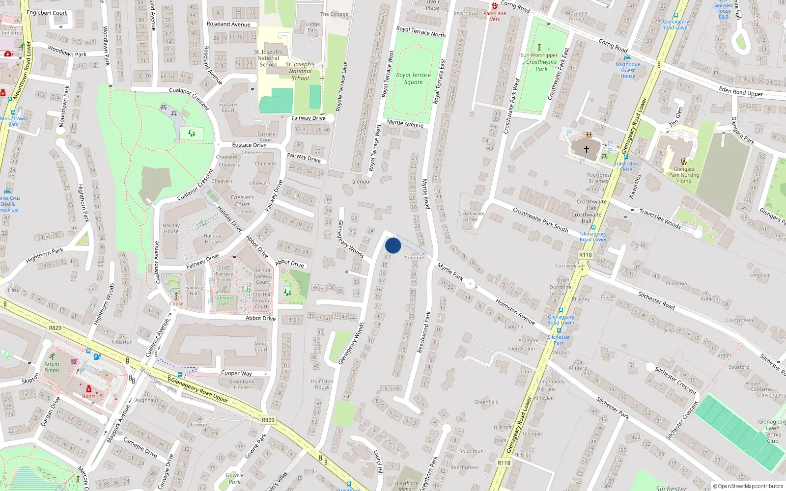 Overhead map showing the location of 21 Glenageary Woods, Dublin