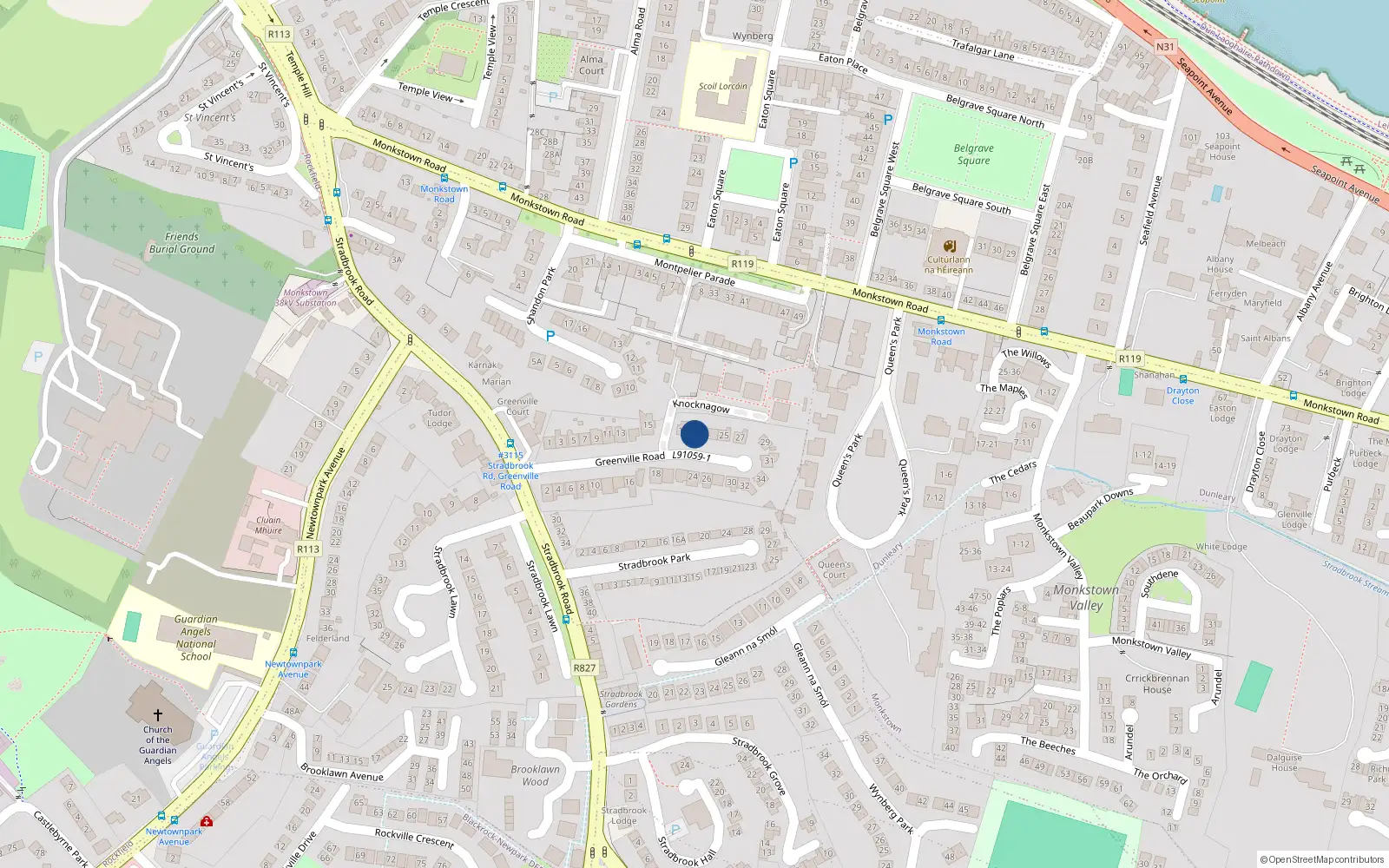 Overhead map showing the location of 21 Greenville Road, Blackrock, Dublin