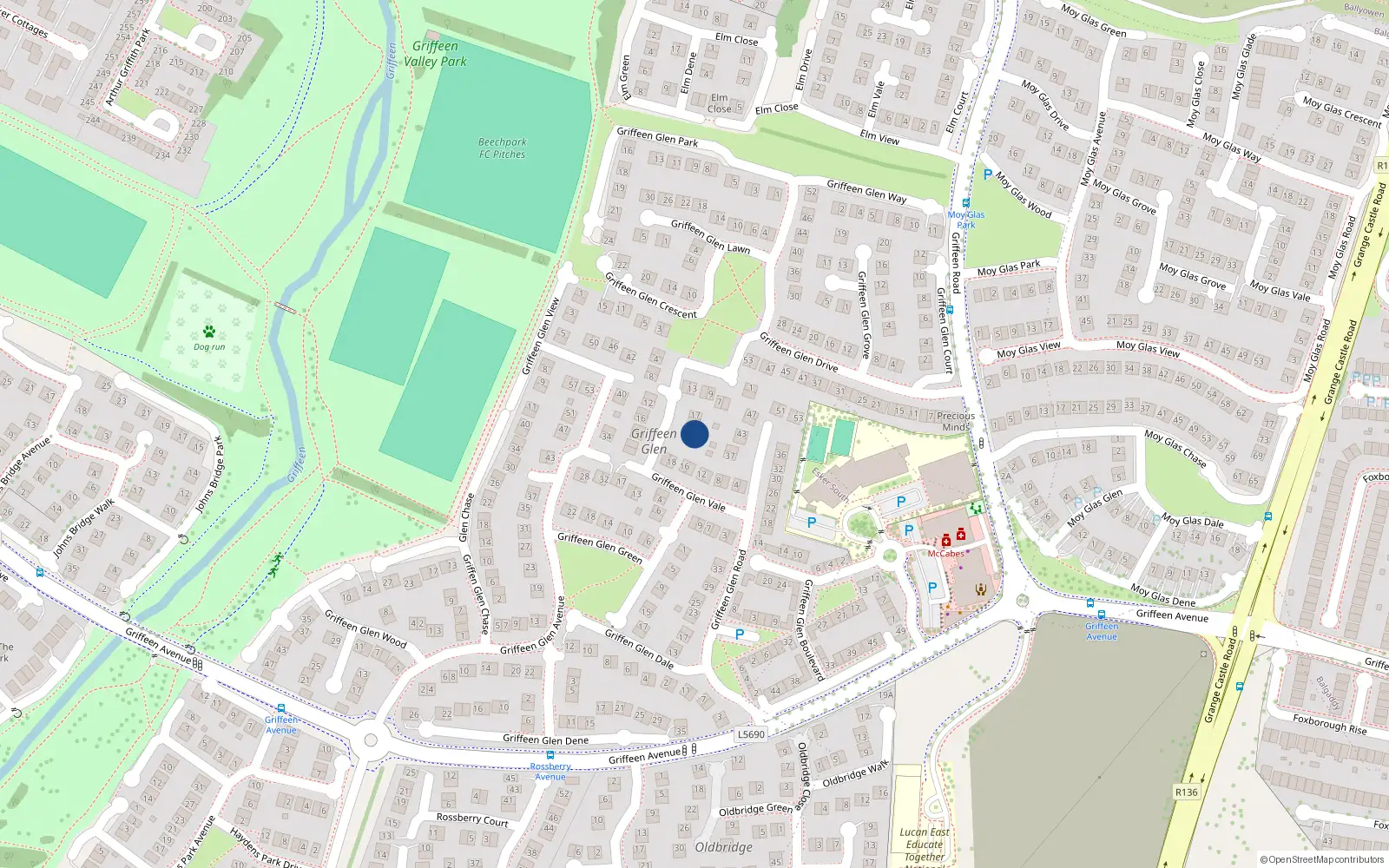Overhead map showing the location of 21 Griffeen Glen Close, Lucan