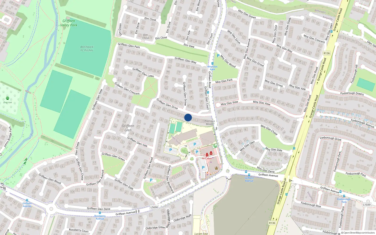 Overhead map showing the location of 21 Griffen Glen Drive, Glenbrook, Lucan