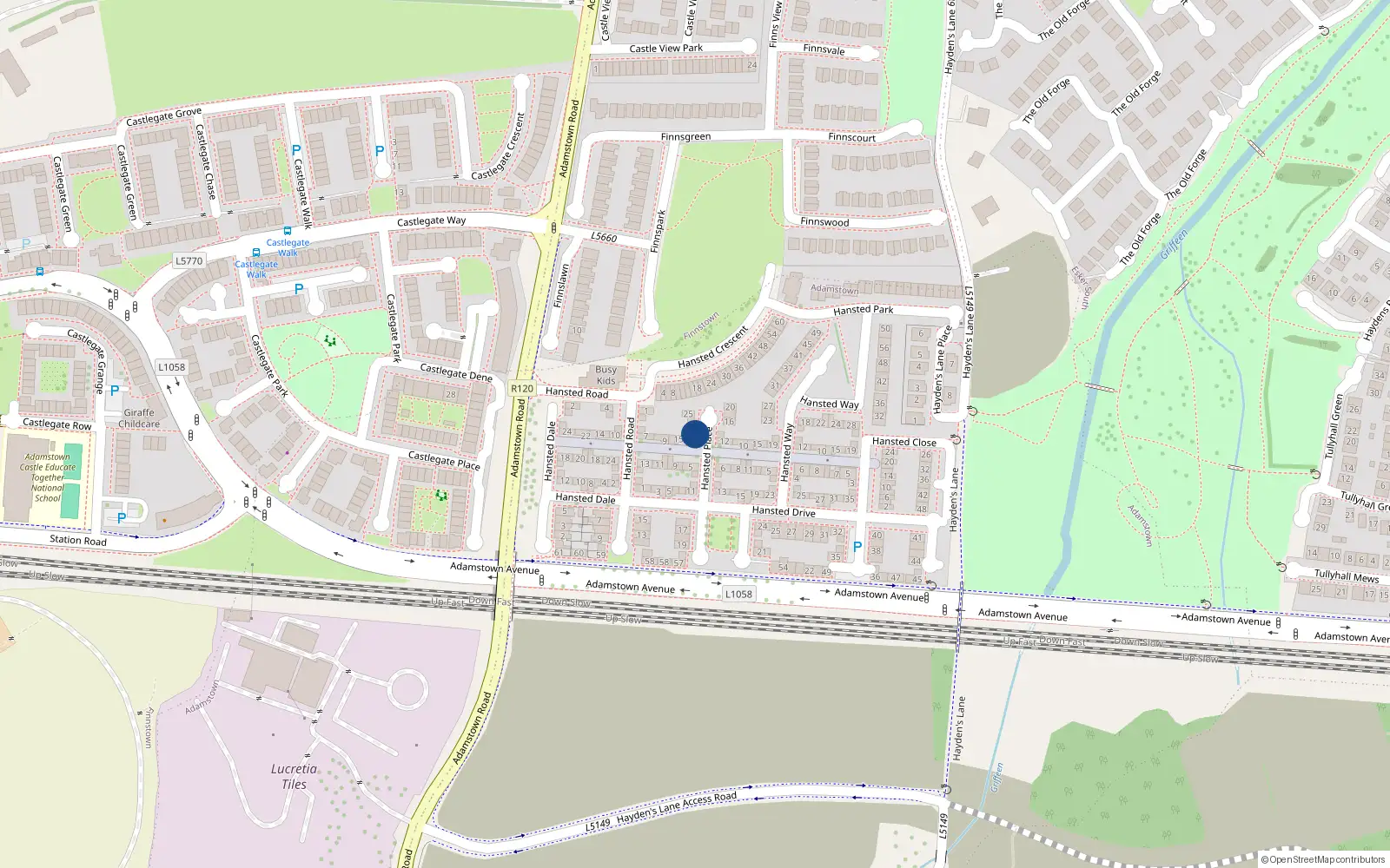 Overhead map showing the location of 21 Hansted Place, Finnstown, Lucan