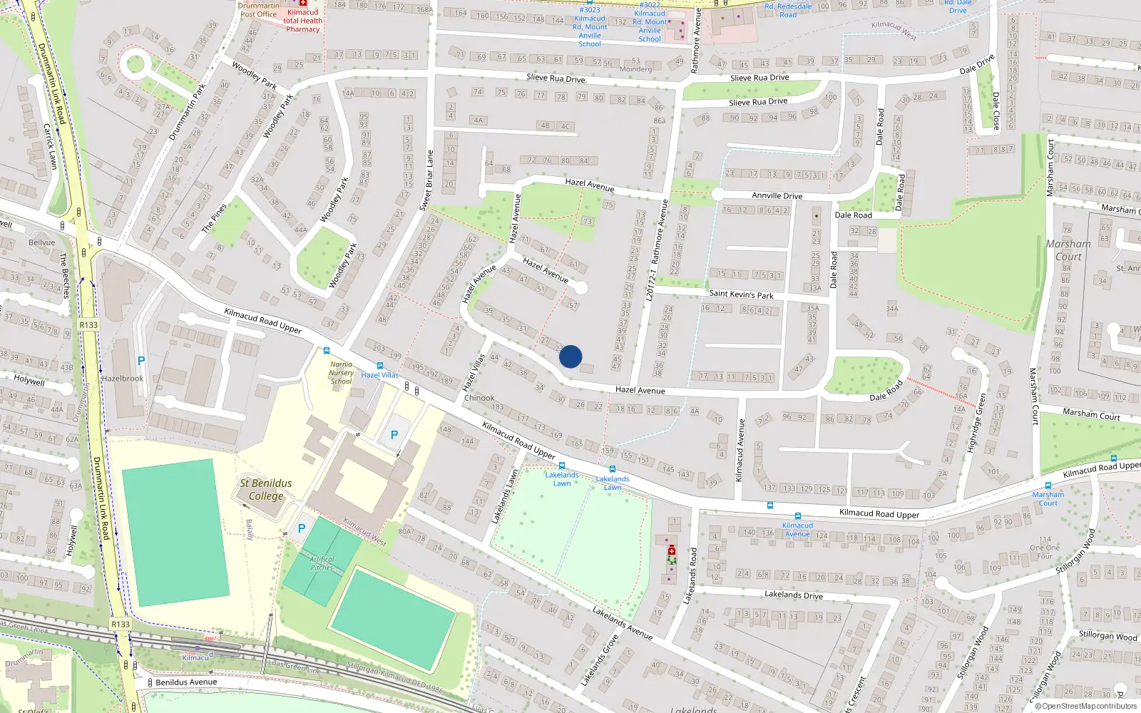Overhead map showing the location of 21 Hazel Avenue, Blackrock