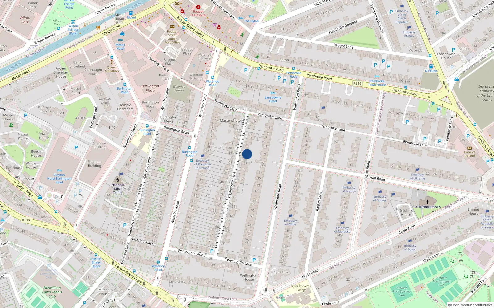 Overhead map showing the location of 21 Heytesbury Lane, Dublin 4