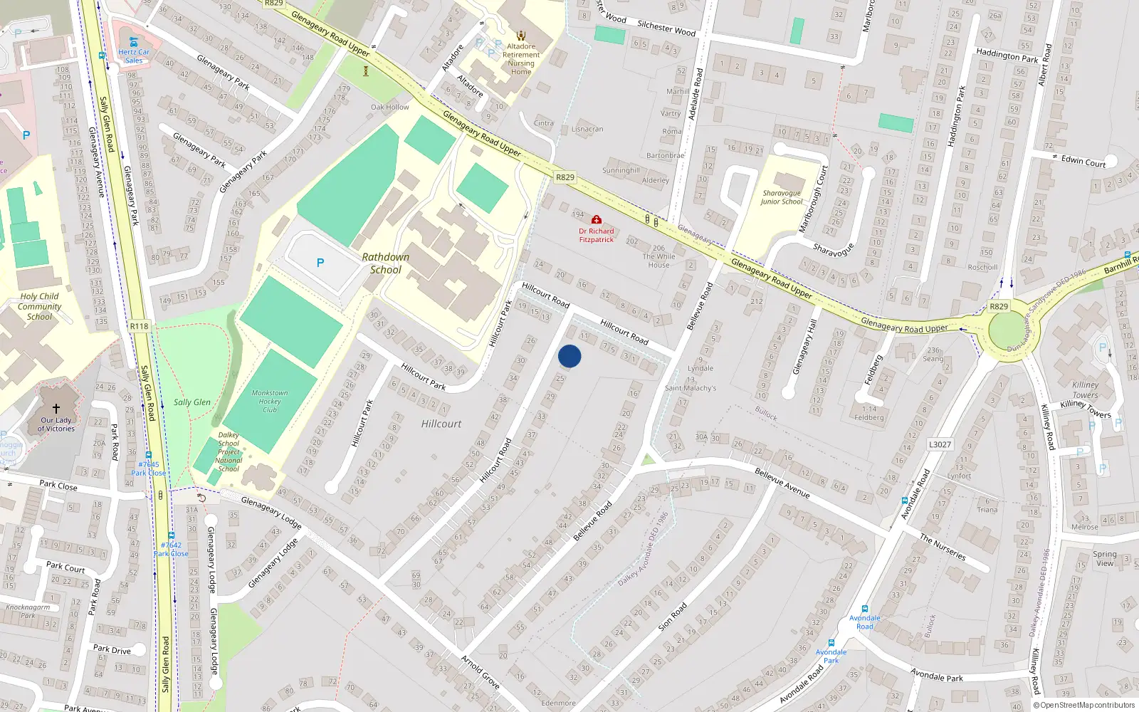 Overhead map showing the location of 21 Hillcourt Road, Dublin