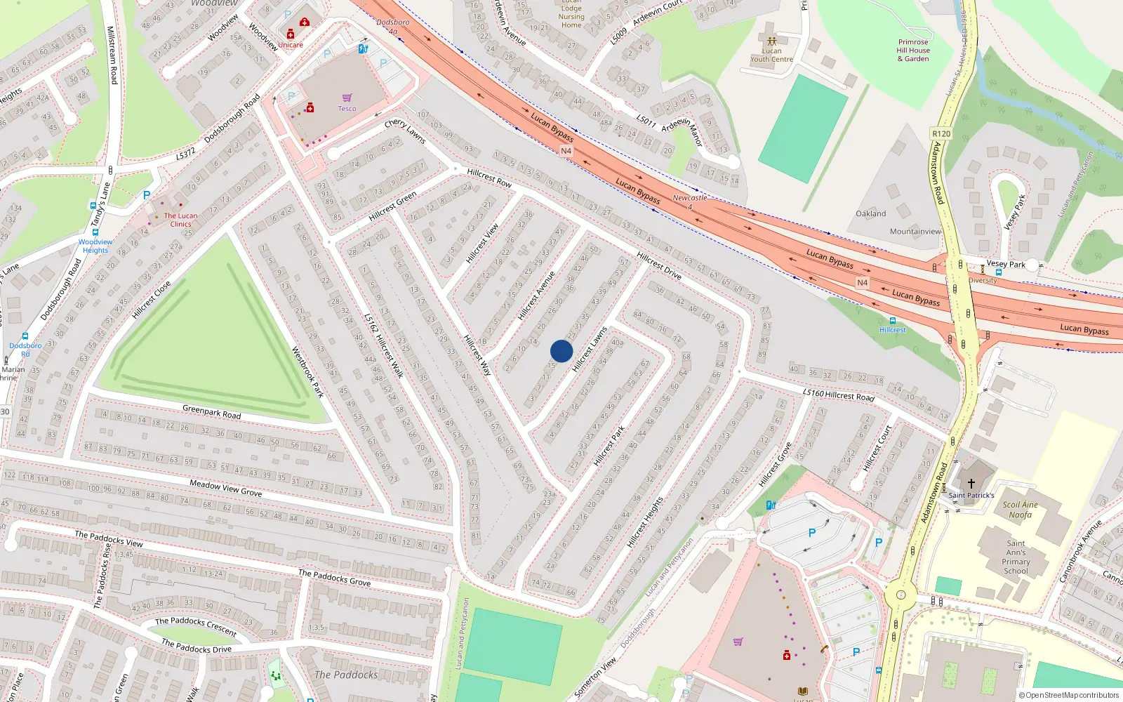 Overhead map showing the location of 21 Hillcrest Lawns, Lucan, Dublin