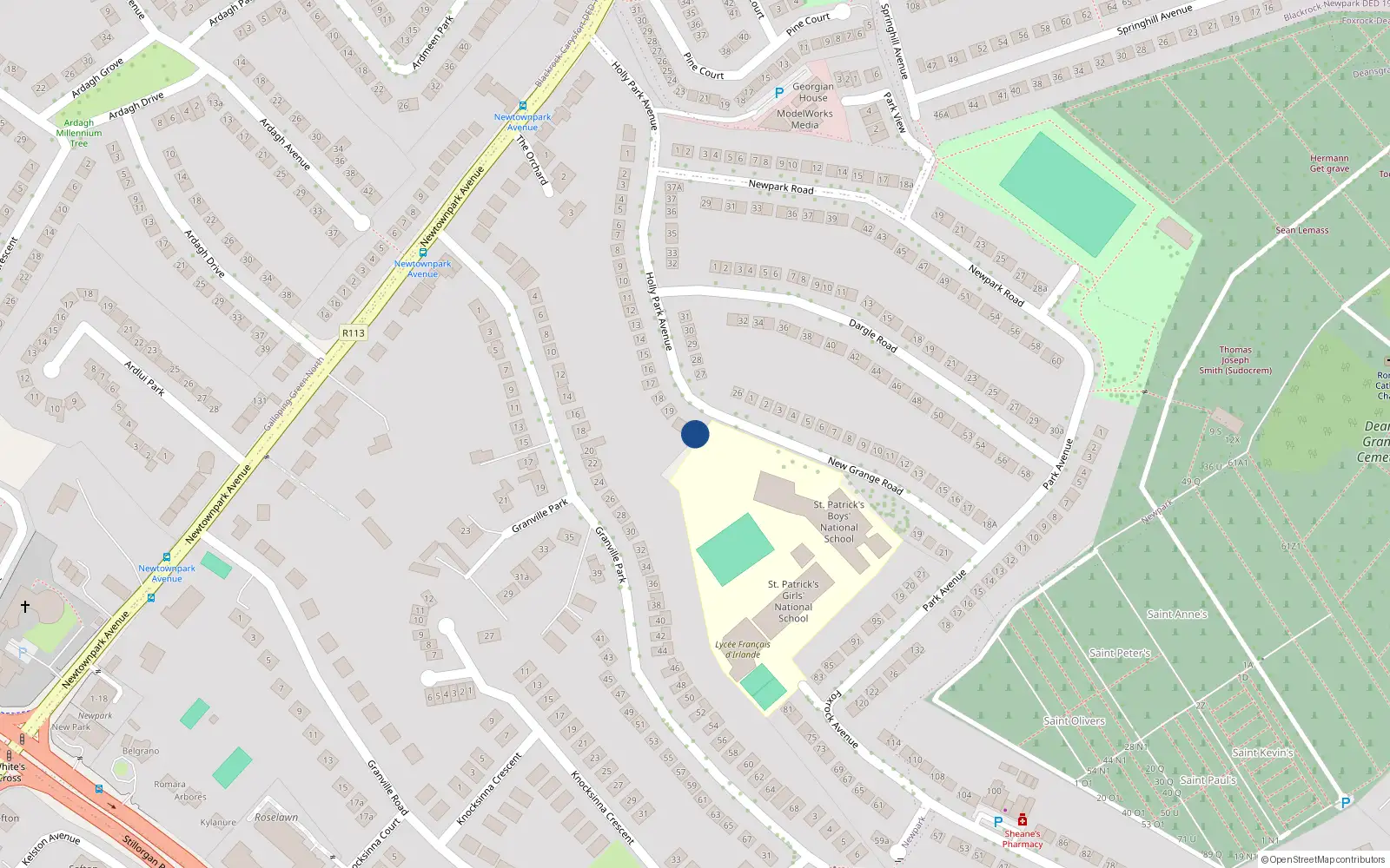 Overhead map showing the location of 21 Holly Park Avenue, Dublin