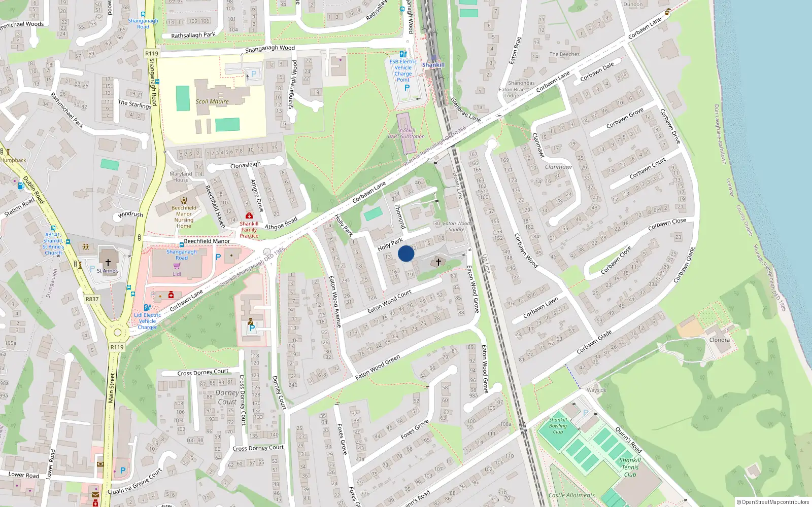 Overhead map showing the location of 21 Holly Park, Shankill