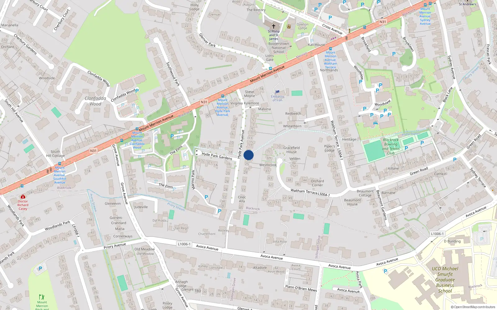 Overhead map showing the location of 21 Hyde Park Avenue, Blackrock