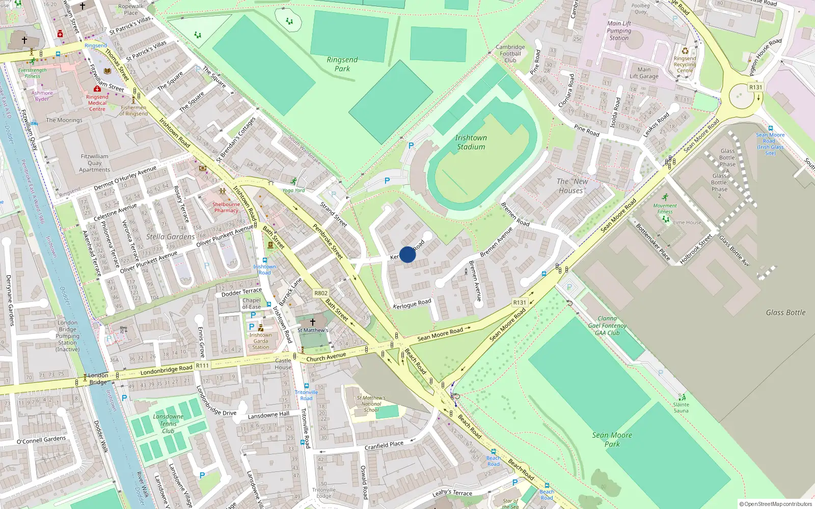 Overhead map showing the location of 21 Kerlogue Road, Dublin 4