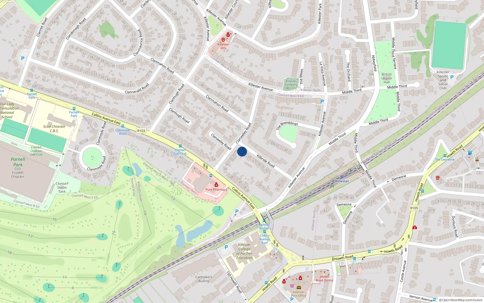 Overhead map showing the location of 21 Kilbride Road, Killester, Dublin 5