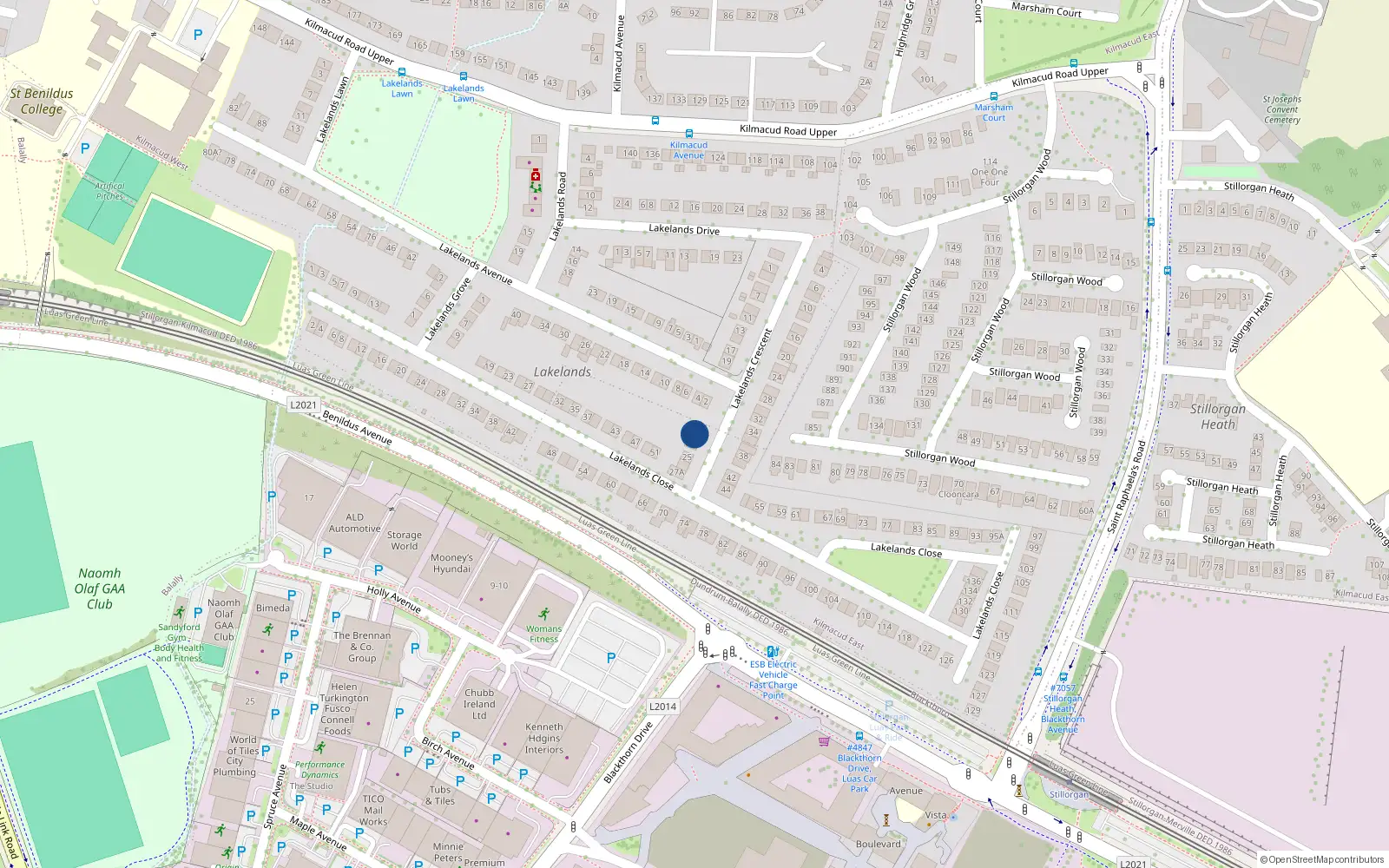 Overhead map showing the location of 21 Lakelands Crescent, Stillorgan