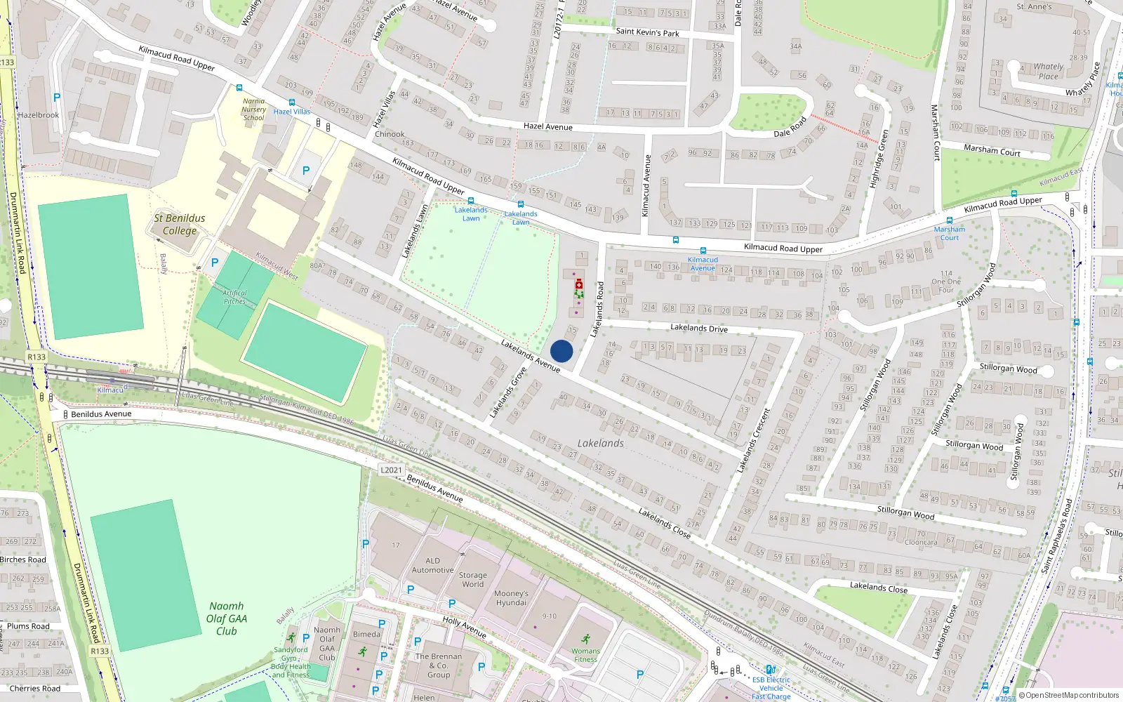 Overhead map showing the location of 21 Lakelands Road, Stillorgan