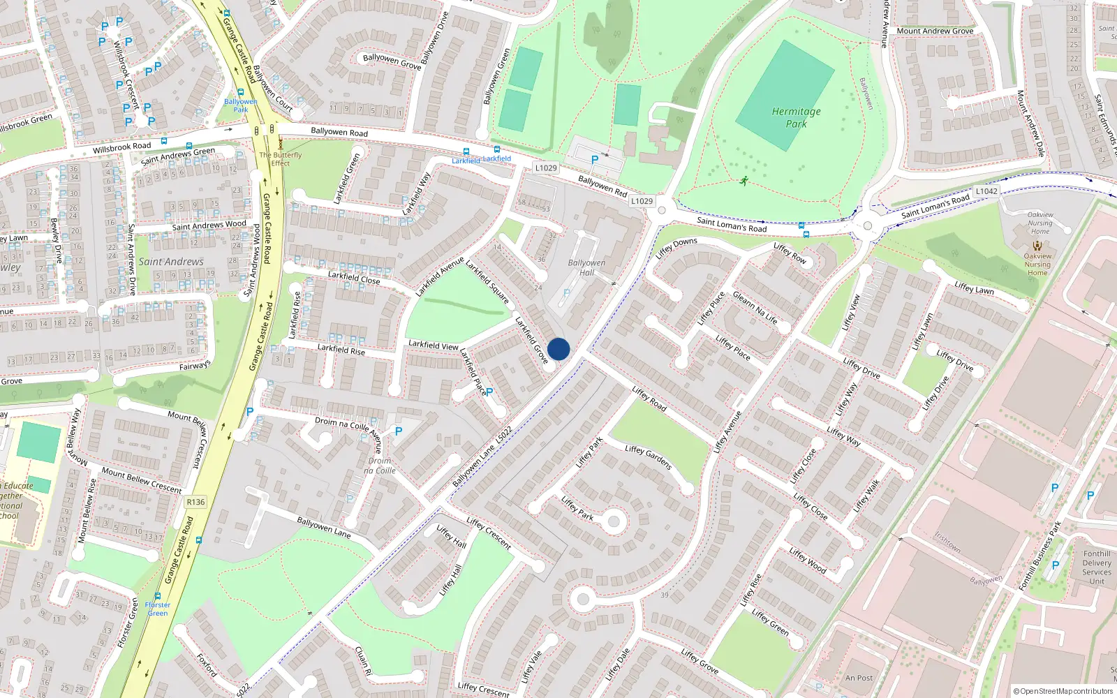Overhead map showing the location of 21 Larkfield Grove, Lucan
