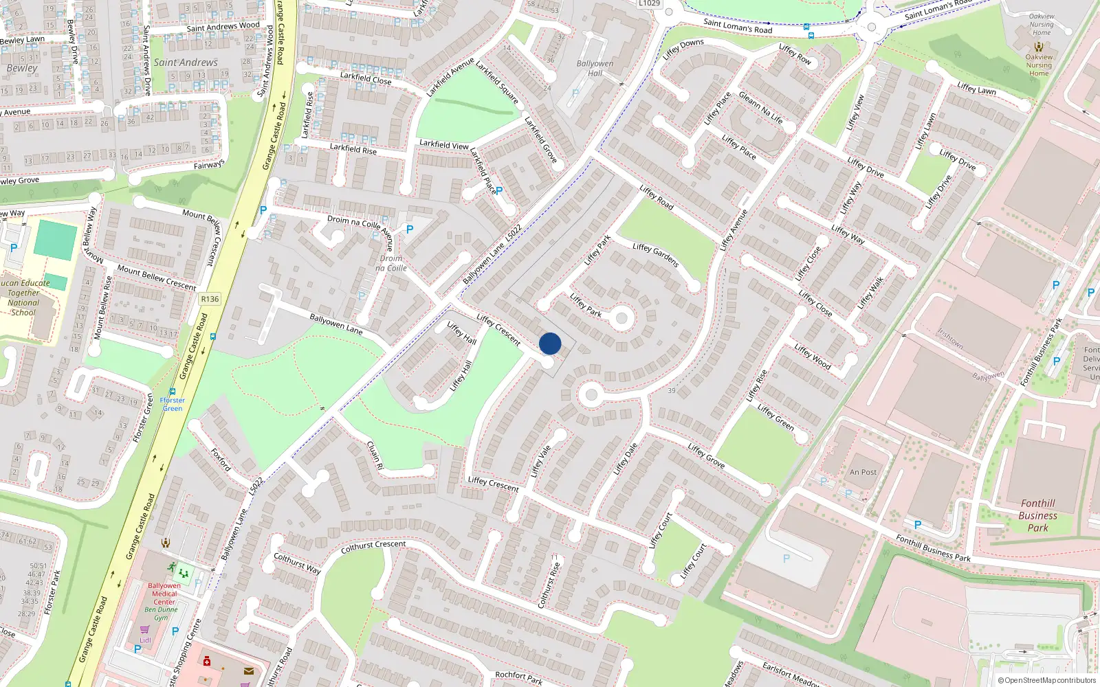 Overhead map showing the location of 21 Liffey Crescent, Liffey Valley Park, Lucan