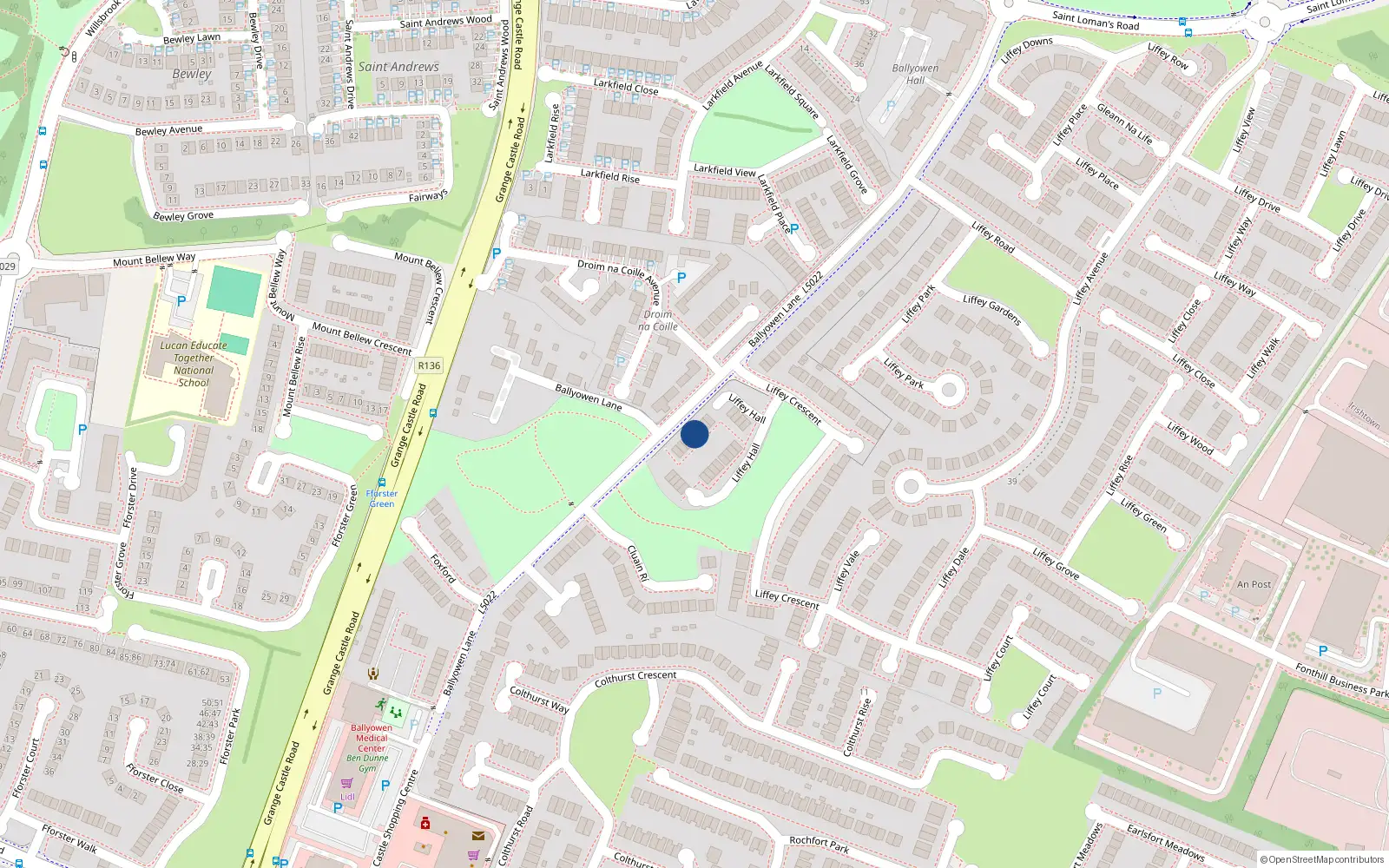 Overhead map showing the location of 21 Liffey Hall, Lucan, Dublin